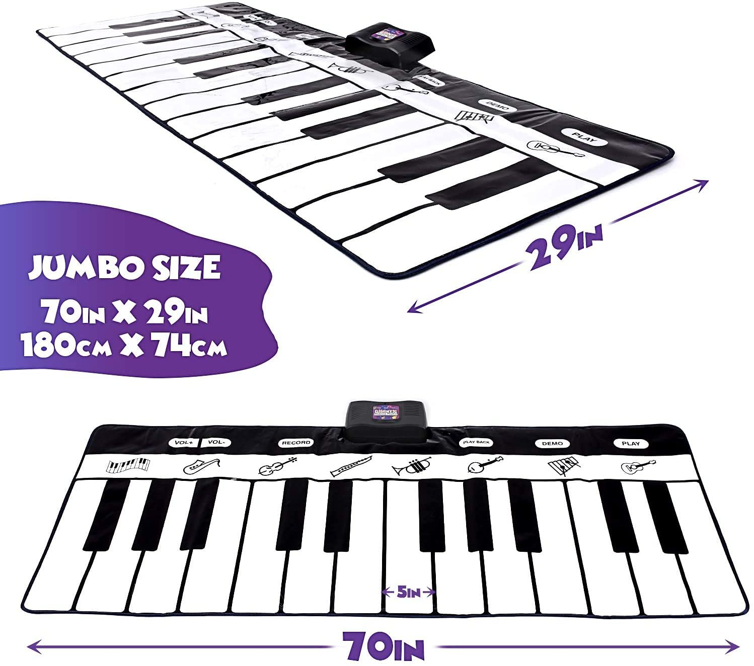 Abcotech Kids Floor Piano Mat | Giant Dance Floor Keyboard Sensory Toys | Play, Record, Playback and Demo Modes - 8 Musical Instruments and Sounds for Kids Music - 70" Toddler Piano Play Mat 24 Keys