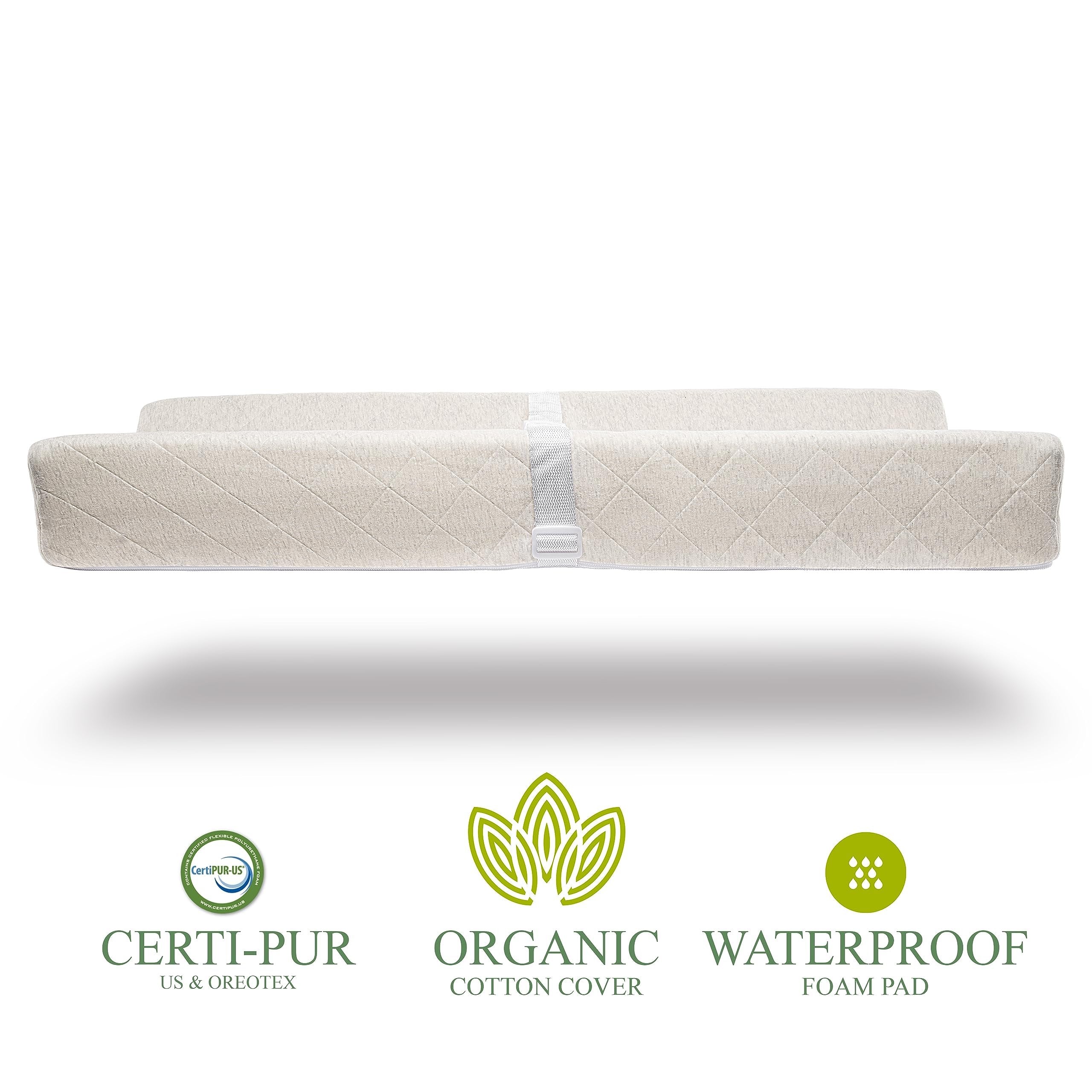 Organic Cotton Contoured Changing Pad | Topper for Standard Size Infant Diaper Table or Dresser w/Waterproof Cushion Mattress Includes Removable and Washable Cover, Safety Strap, Non-Slip Grip Bottom