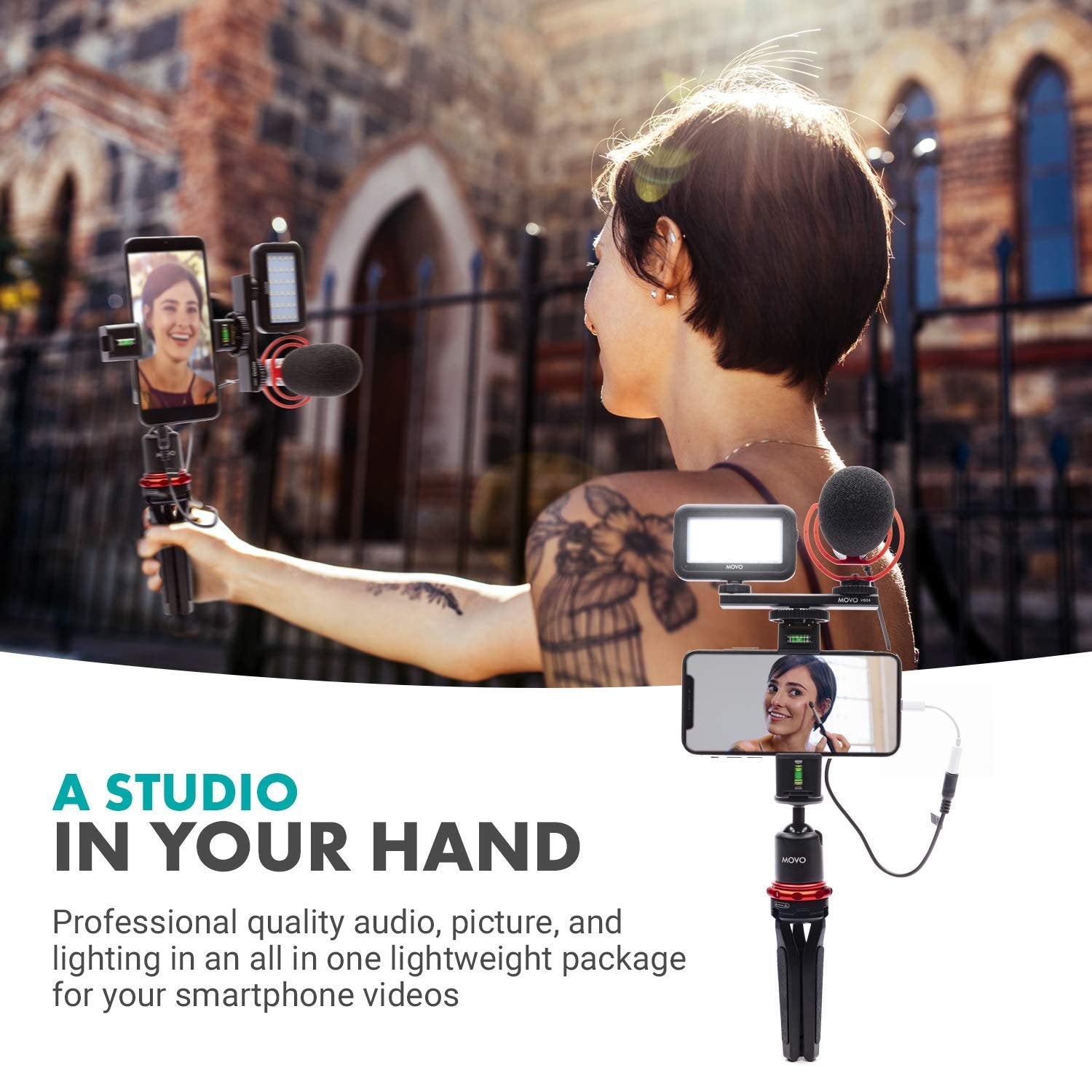 Movo VXR10-PRO+ Smartphone Video Rig with Pro Video Microphone, LED Light, Mini Tripod, Phone - Shotgun Microphone for iPhone 11, 11 Pro Max, SE, XS, XR, X, Android Devices, and More