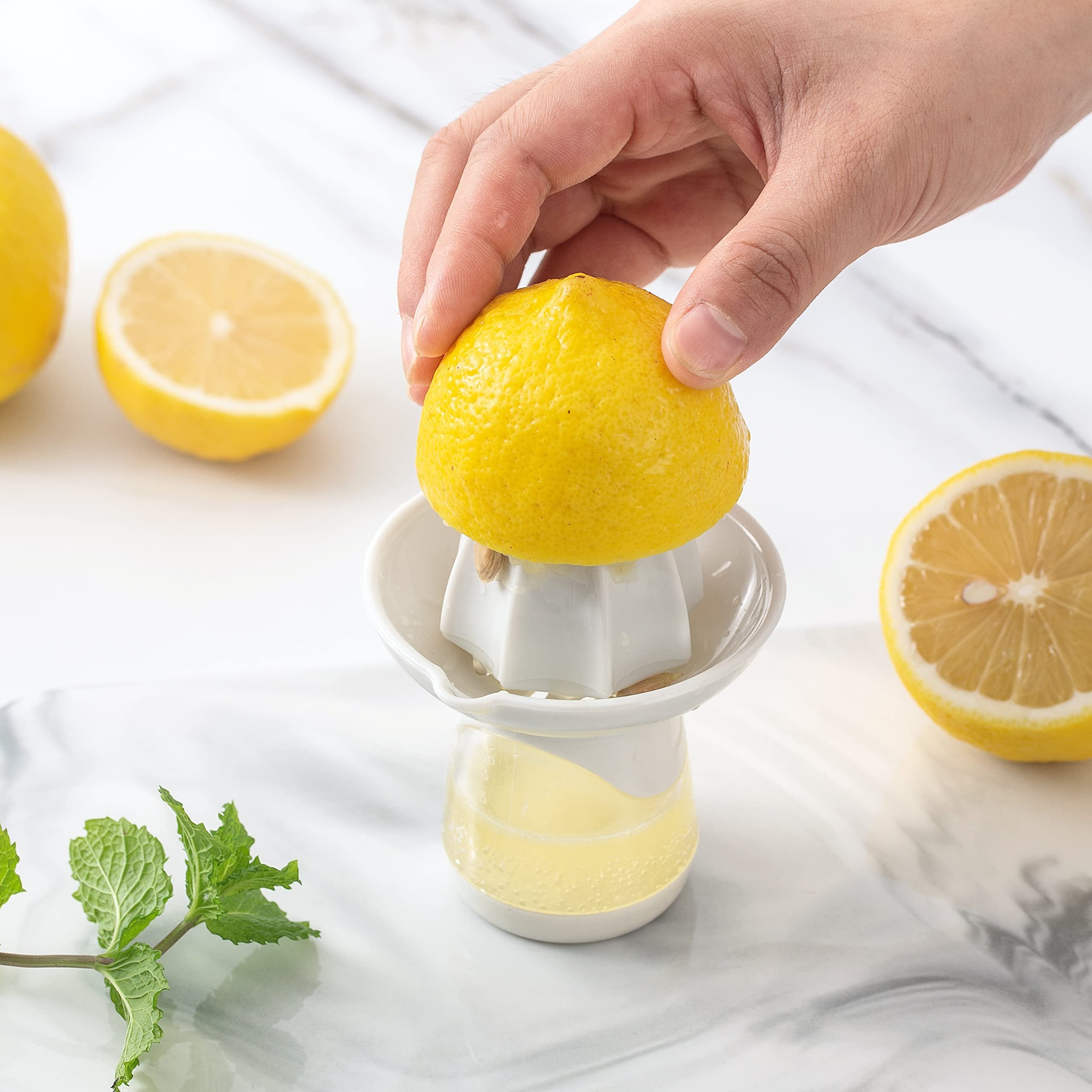 Social Chef Handheld Small Lemon Juicer - Manual Citrus Juicer Reamer with Cup - Holds 1oz of Lemon Juice, Lime Juice or Orange Juice (White)