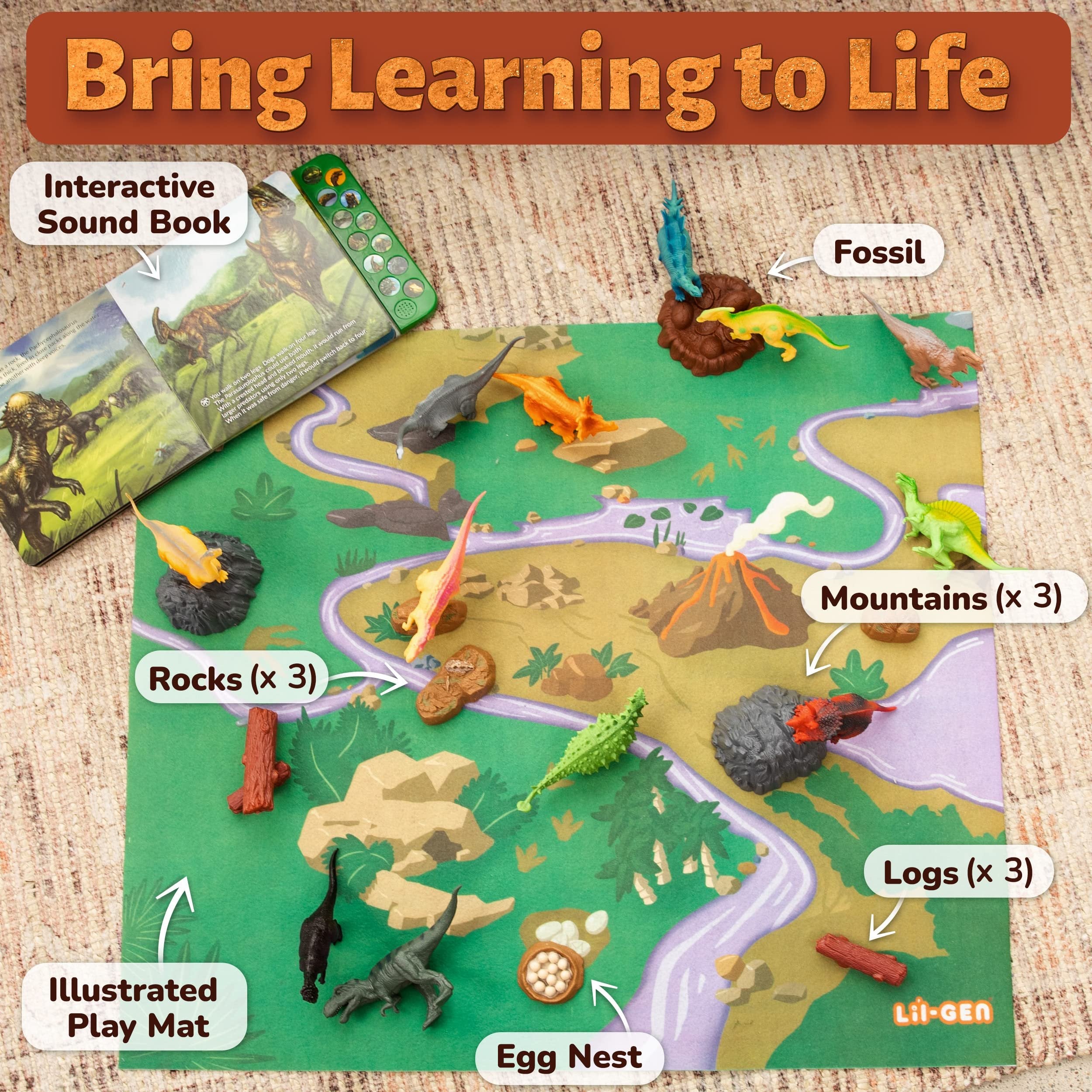 Li'l-Gen Dinosaur Toys for Boys & Girls, Kids 3+ - 12 Realistic Looking 7” Dinosaur Toy Figures with Interactive Sound Book, Activity Play Mat, Tree Figures, and Rocks - Educational Children Play Set