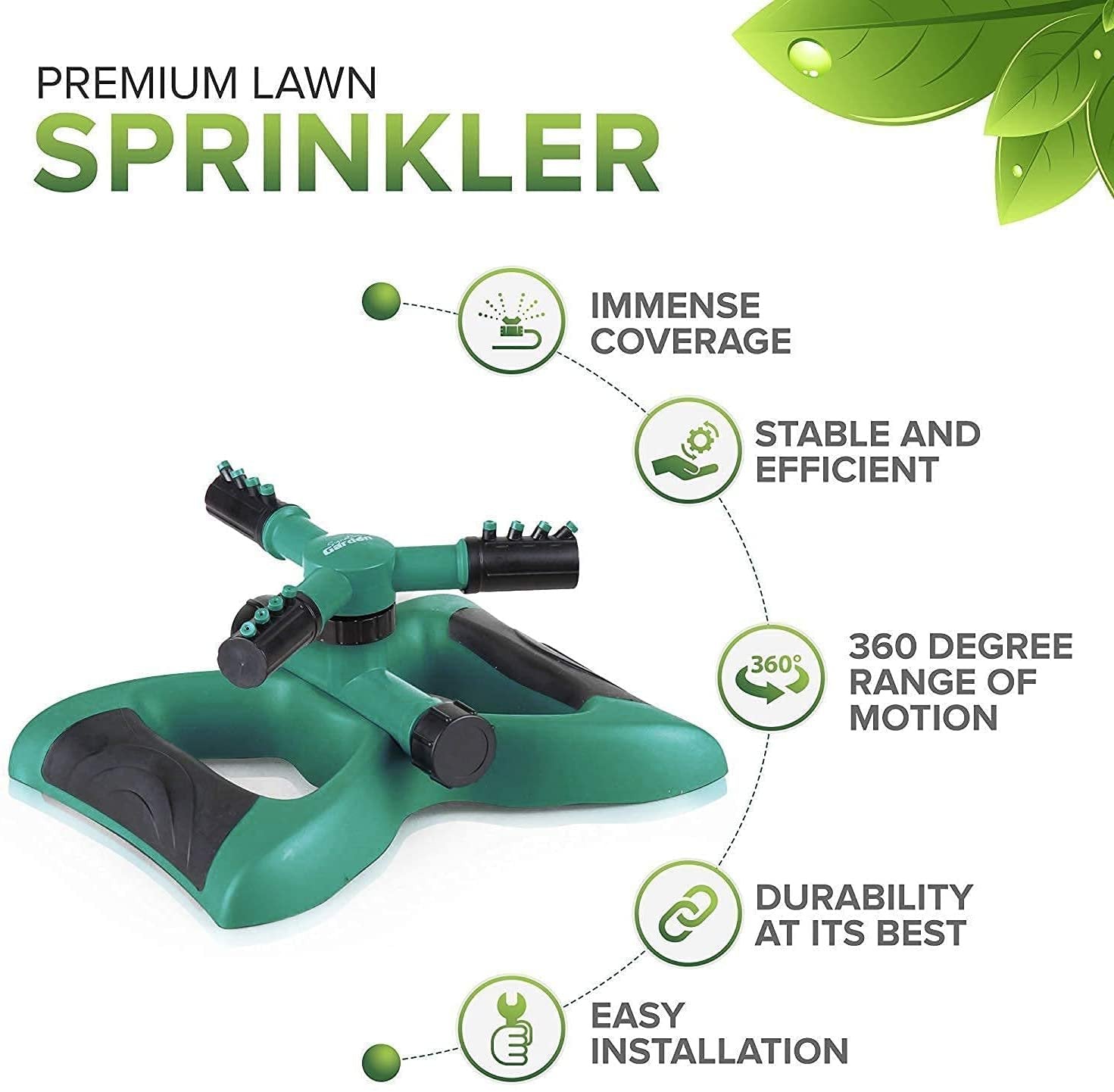 Signature Garden Water Sprinklers for Yard, Three Arm Sprinkler, 12 Built-in Spray Nozzles, 360 Degree Rotation, Connect Multiple Large for Large Or Small Grass Lawn Area