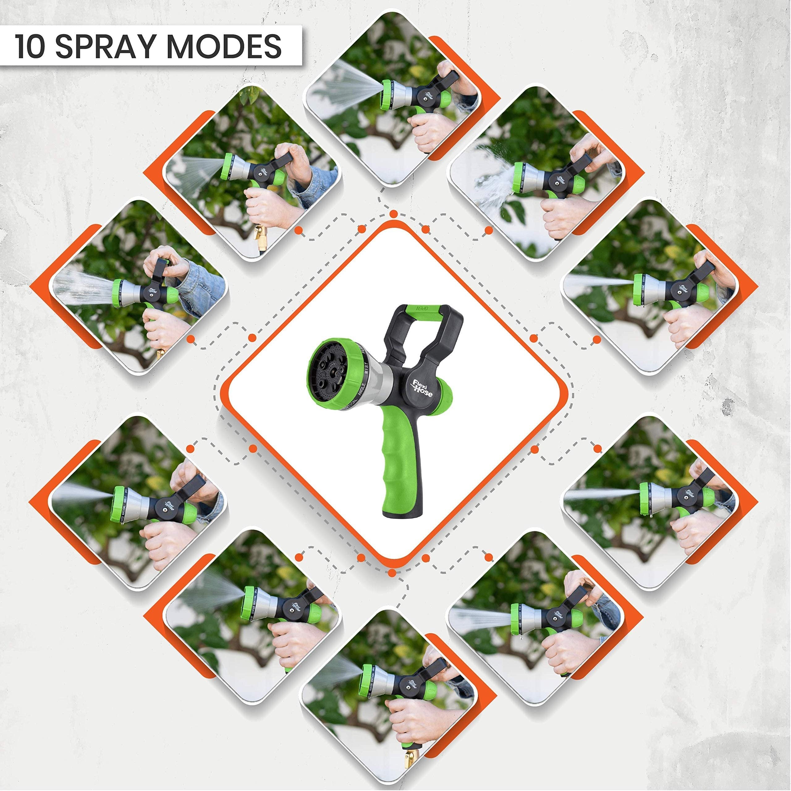 Flexi Hose Fireman’s Spray Nozzle with 10 Spray Modes - Heavy-Duty Water Nozzle with No-Slip Ergonomic Grip and Lever Handle - A High-Pressure Garden Hose Nozzle