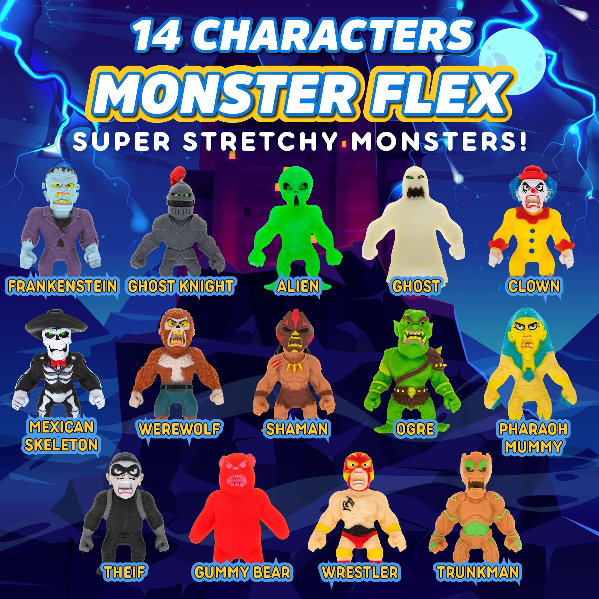 Monster Flex Stretchy Toys For Boys and Girls - 14 Unique Spooky Stretch Monsters, Monster Stretch Guy Toys For Kids Birthday Gift Party Favors, Sensory Fidget Stress Toys for Kids - Series 3 (Shaman)