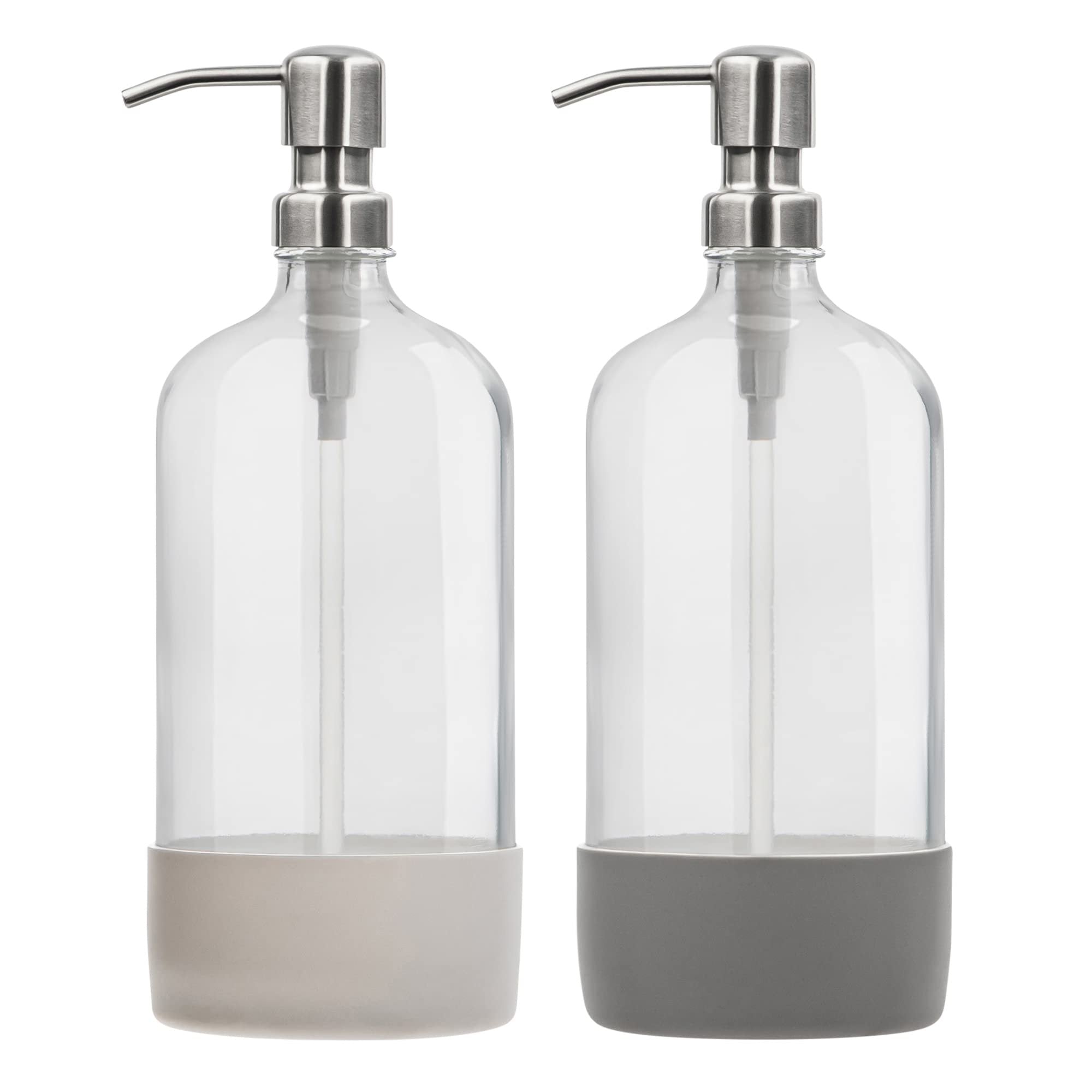 32 oz Glass Pump Bottle Rustproof Stainless Steel Pump, Funnel, and Lids. Modern Farmhouse Vintage Jar, Large Glass Shampoo Bottles with Pump and Laundry Soap Dispenser - Silver