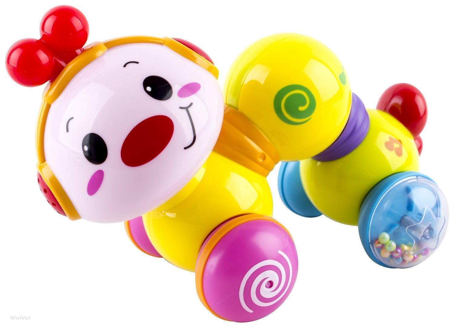 WolVol Musical Press and Crawl Baby Activity Toy - Rolling Rattle Worm w/Lights & Music - Fine Motor Skills & Fun Learning Crawler for Babies & Kids - Safe and Tested Toy for Toddlers