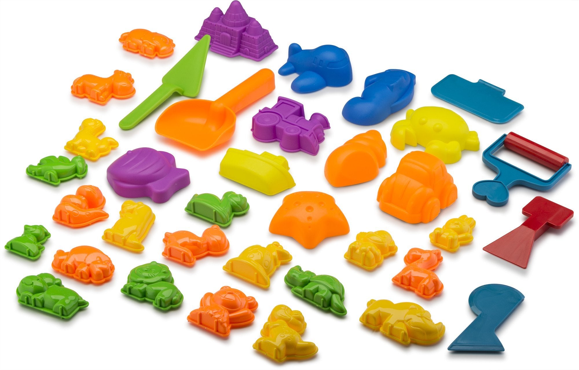 CoolSand Animal Sand Molds & Tools Kit (36 Pcs) - Works with All Other Play Sand Brands - Includes: 10 Dinosaurs, 10 Animals & 12 Beach Molds, & 4 Tools - Sand Not Included