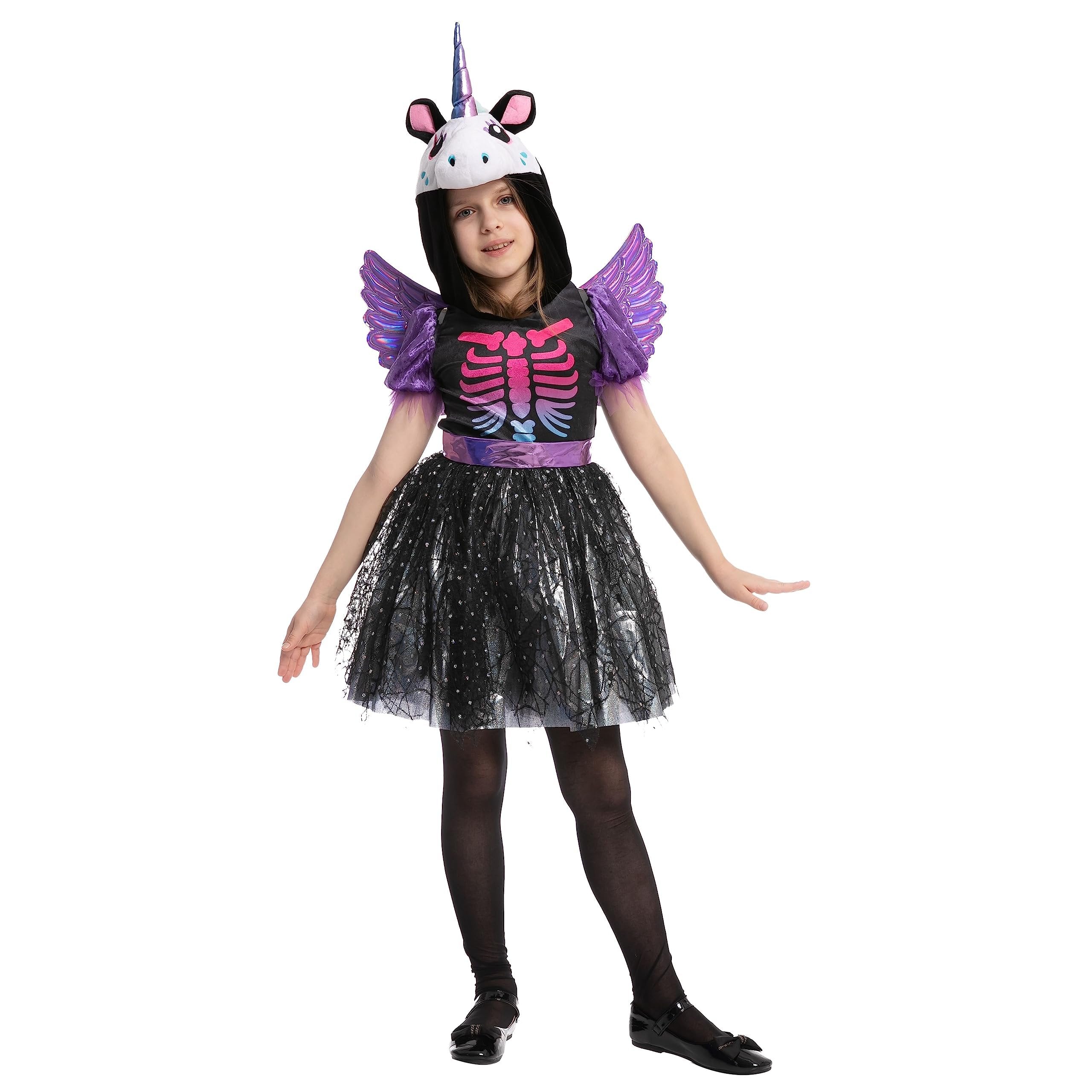 Spooktacular Creations Halloween Dress up Costume for Child Girl Dark Unicorn Skeleton Dress (Medium (8-10yr))