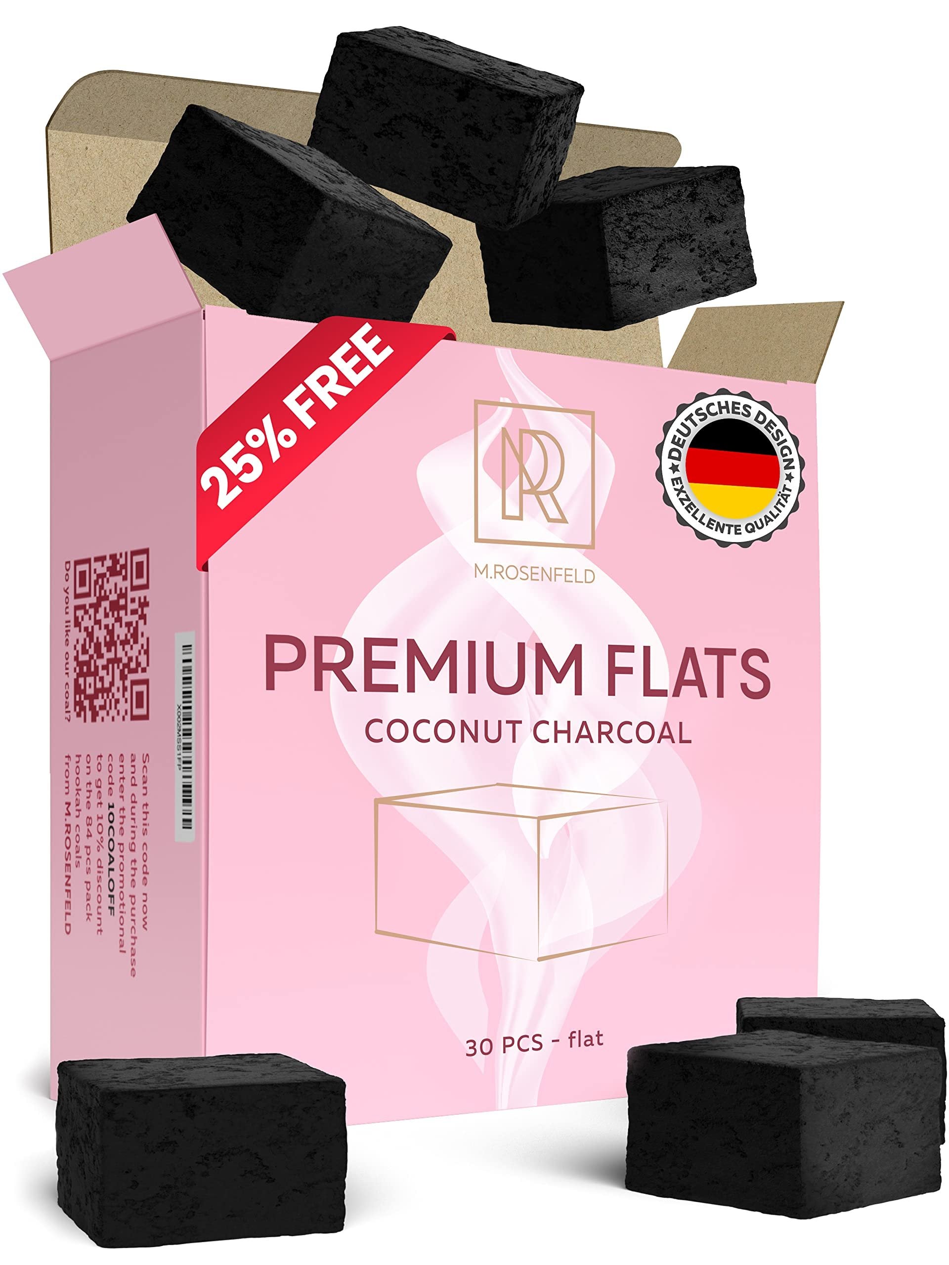 Hookah Coals Flats Coconut Charcoal for Hookah - 30 Count Value Pack Premium Quality 15mm (1x1x0.6 in) - M. ROSENFELD 100% Natural Coconut Hookah Charcoal for Hookah - NOT Quick Light Charcoal Pills