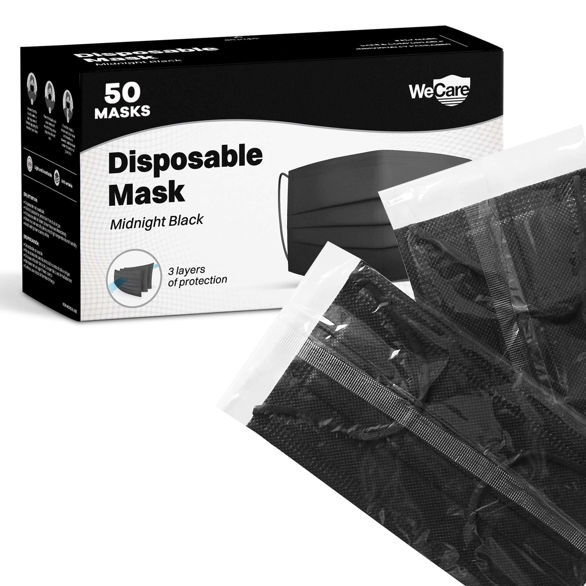 WECARE Disposable Face Mask Individually Wrapped - 50 Pack, Black Masks 3 Ply