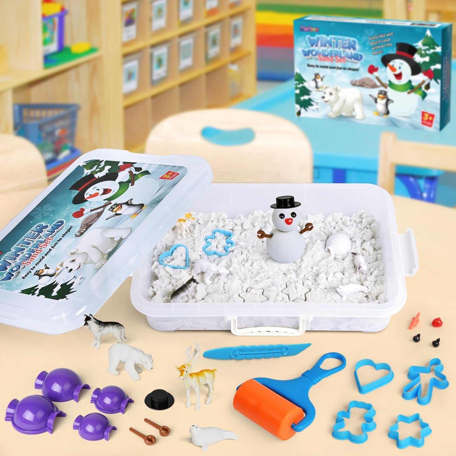 Winter Wonderland Snow Sand Playset, Creativity Toy Sensory Bin with Arctic Animal Figures, 2 Lbs of Sand and Snowman Molds for Boy Girl Kid Toddlers Age 3-8