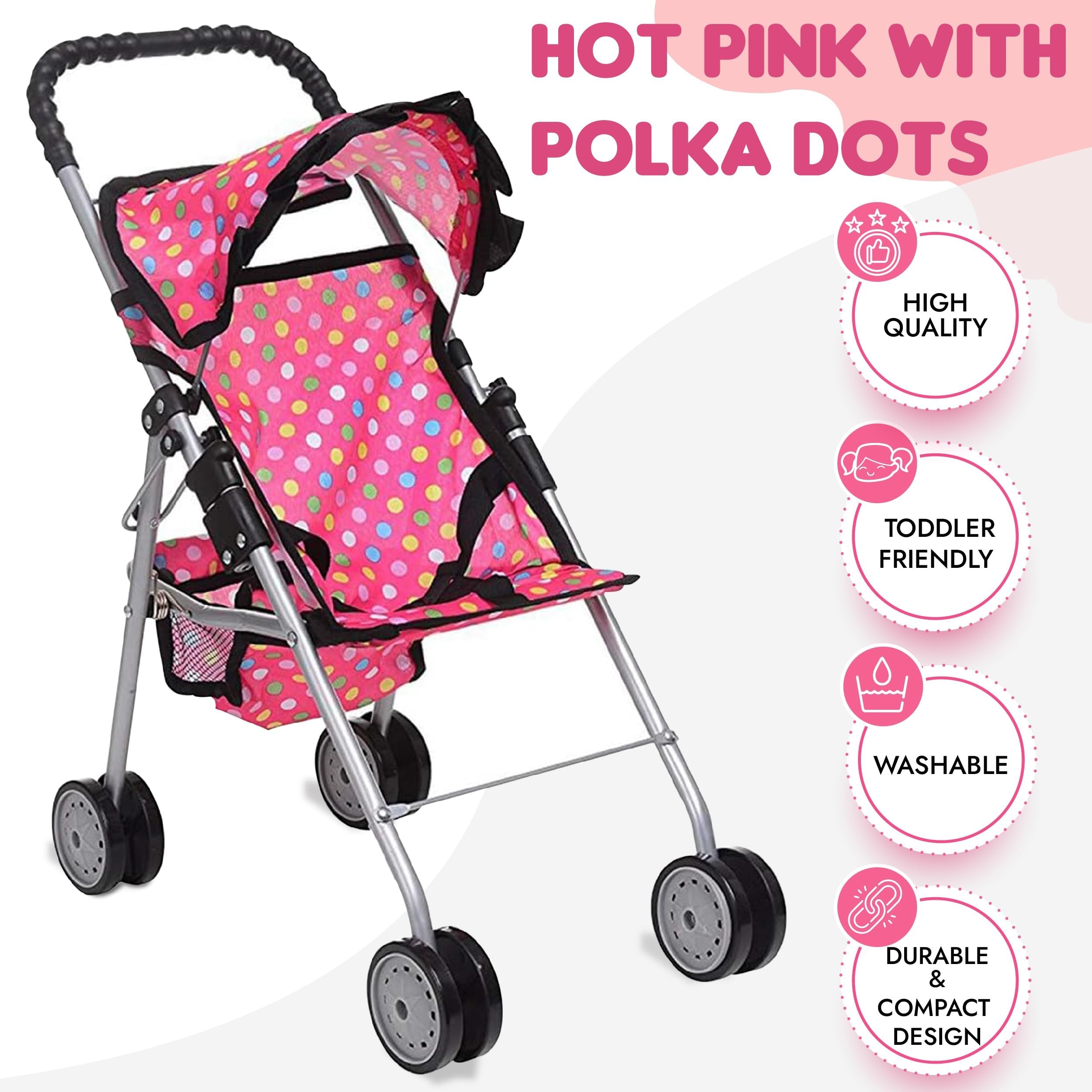 fash n kolor - My First Baby Doll Stroller - Pink Polka Dot Doll Stroller with Basket- Soft Grib Handle. Foldable with Hood Toy Doll Pram Baby Doll Accessories. With 2 Free Bonus Doll Bottles Included