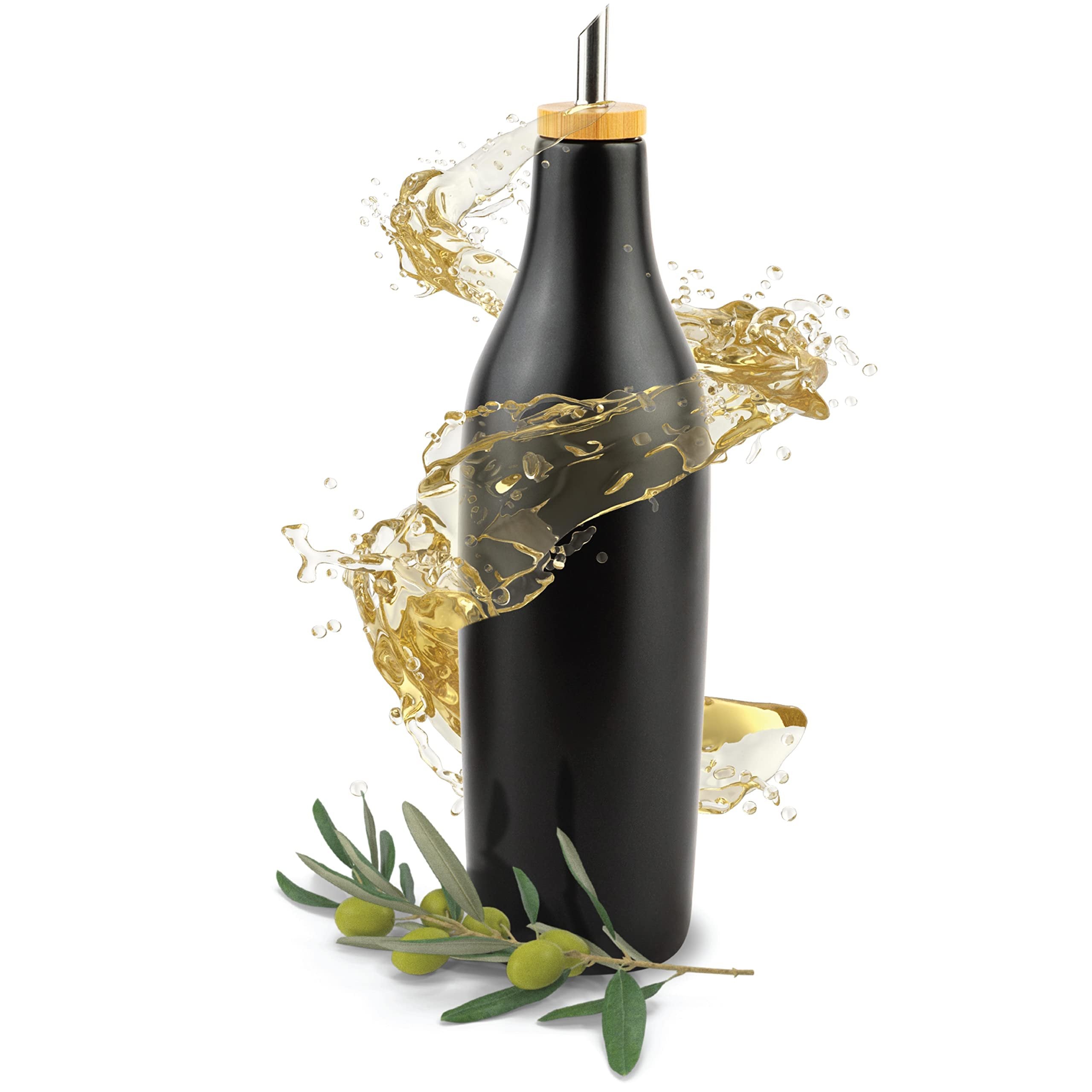 kitchentoolz Olive Oil Stoneware Dispenser Bottle, Ceramic 16 Oz Container for EVOO or Vinegar Kitchen Counter, Black