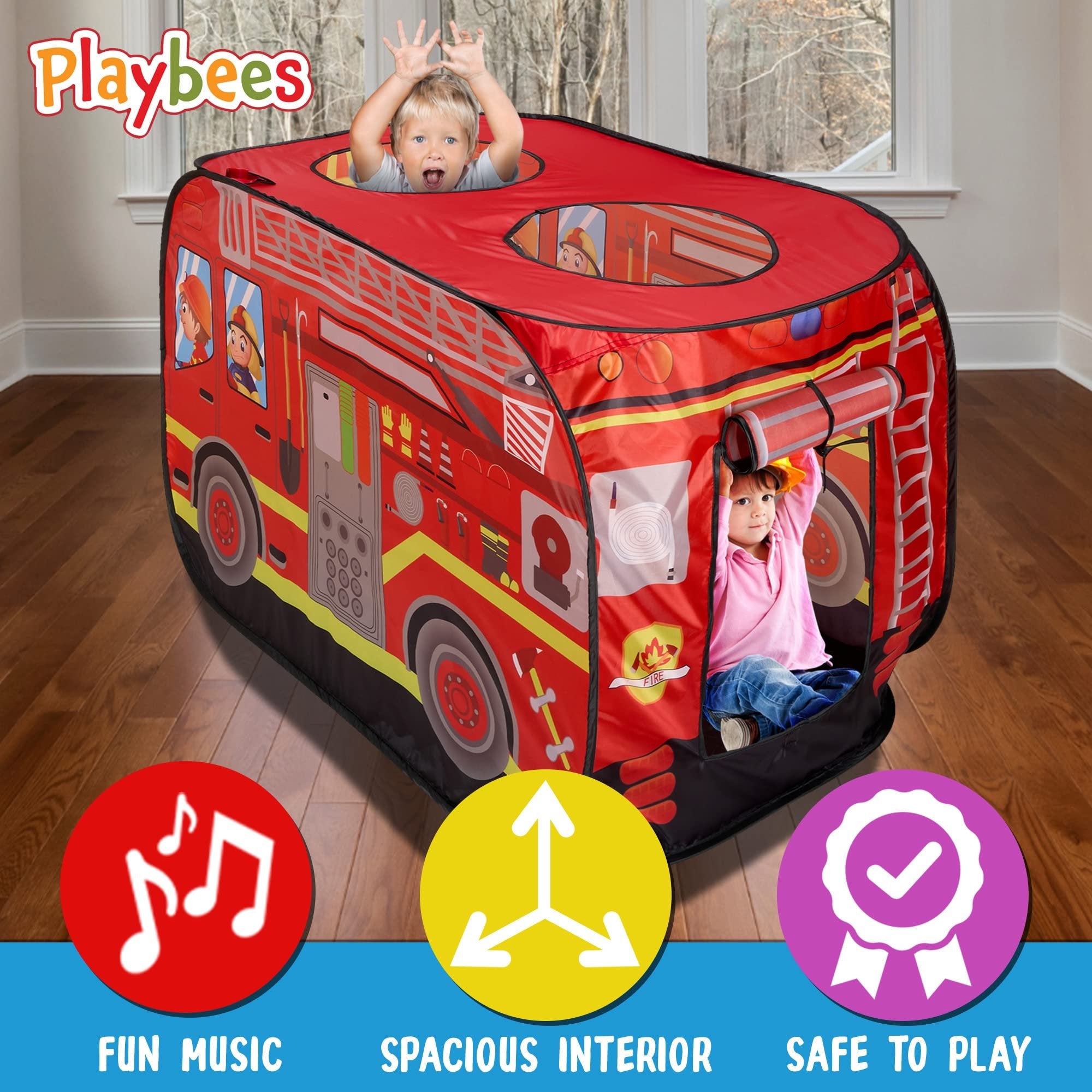 Playbees Musical Fire Truck Pop Up Play Tent with 3 Openings - Role Play Firefighter Tent - Sirens & Fireman Sounds - Indoor Outdoor - Red Fire Engine Playhouse Vehicle Toys - Ideal Play, Gift, Prop