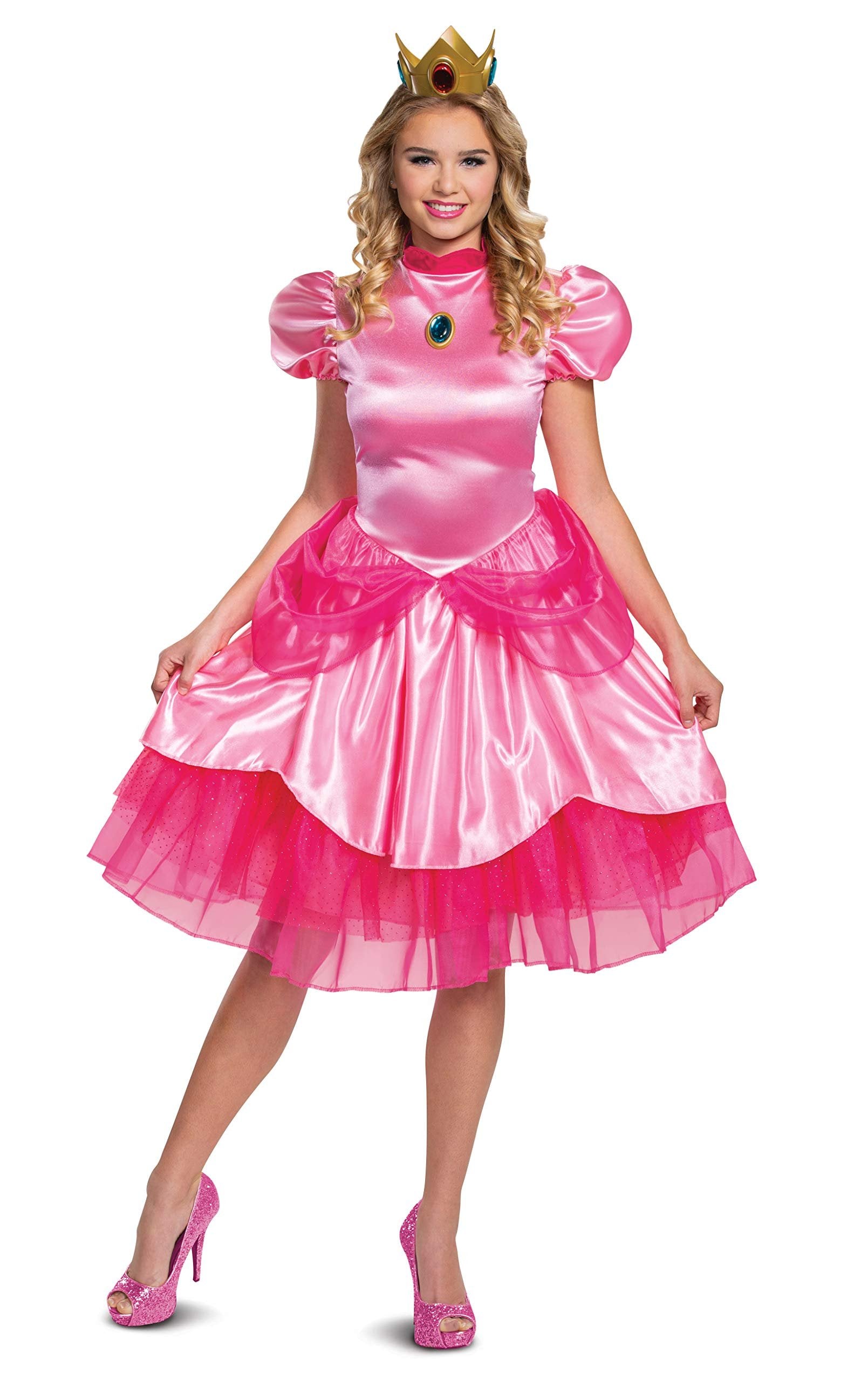 Disguise Womens Costume, Official Nintendo Super Mario Bros Dress And Crown Princess Peach Deluxe Adult, Pink, XL 18-20 US