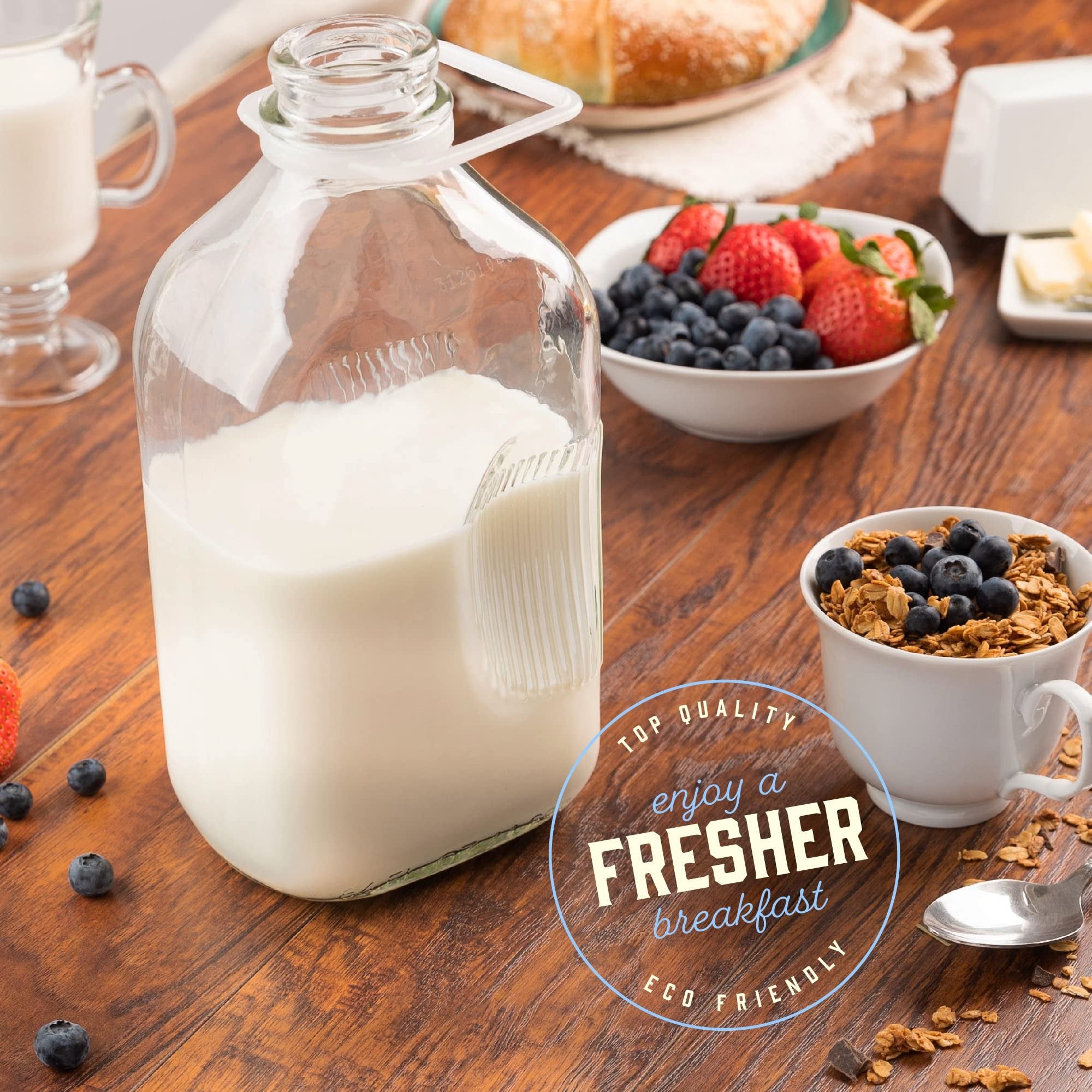 Kitchentoolz 64 Oz Glass Milk Bottle Jugs with Caps, Half Gallon Glass Milk Container for Refrigerator with Tamper Proof Lids and Pour Spouts- Pack of 2