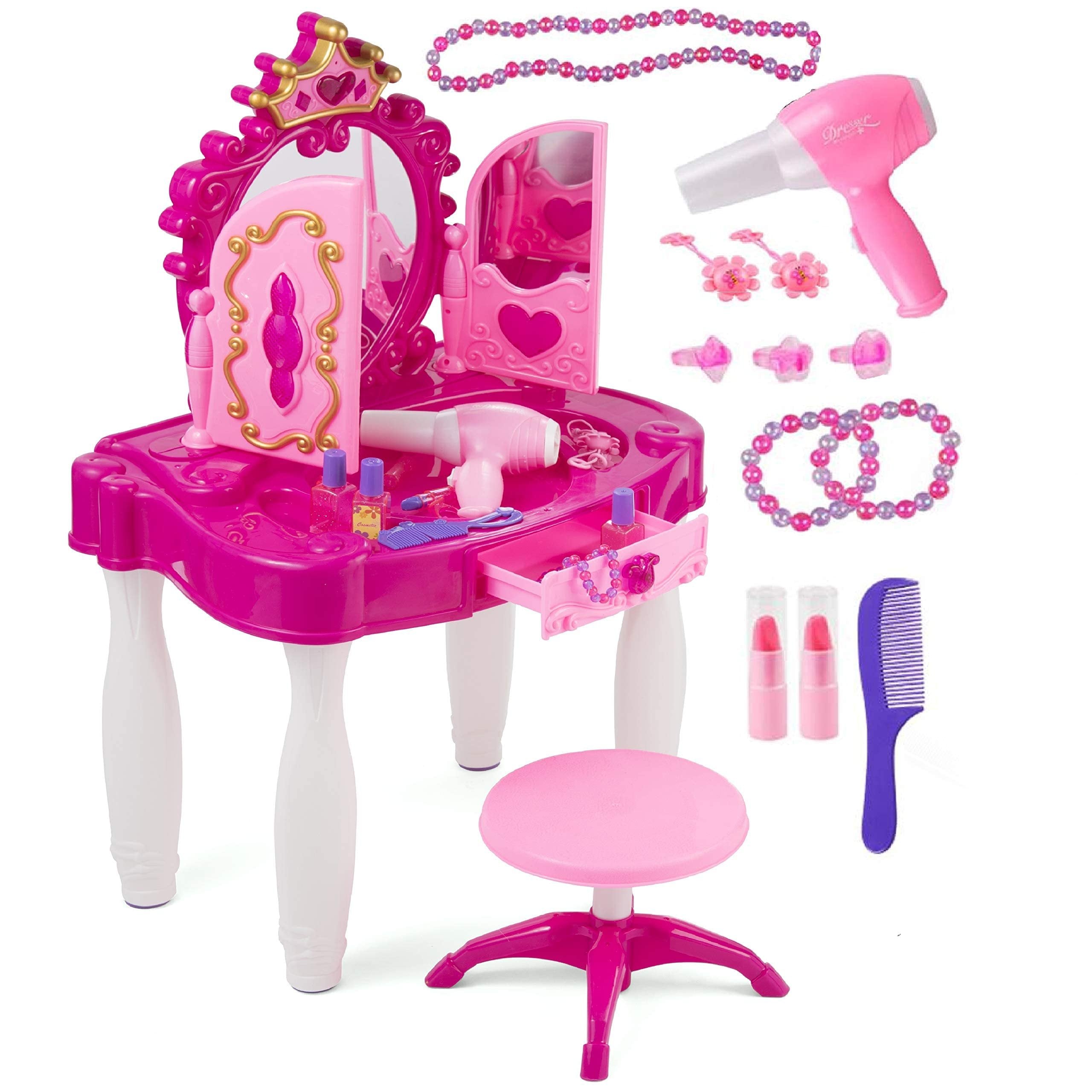 PREXTEX Kids Makeup Table with Mirror and Chair, Princess Play Set, Kids Makeup Vanity Table with Makeup Accessories and Light and Musical Sound Effects for Toddler Girls