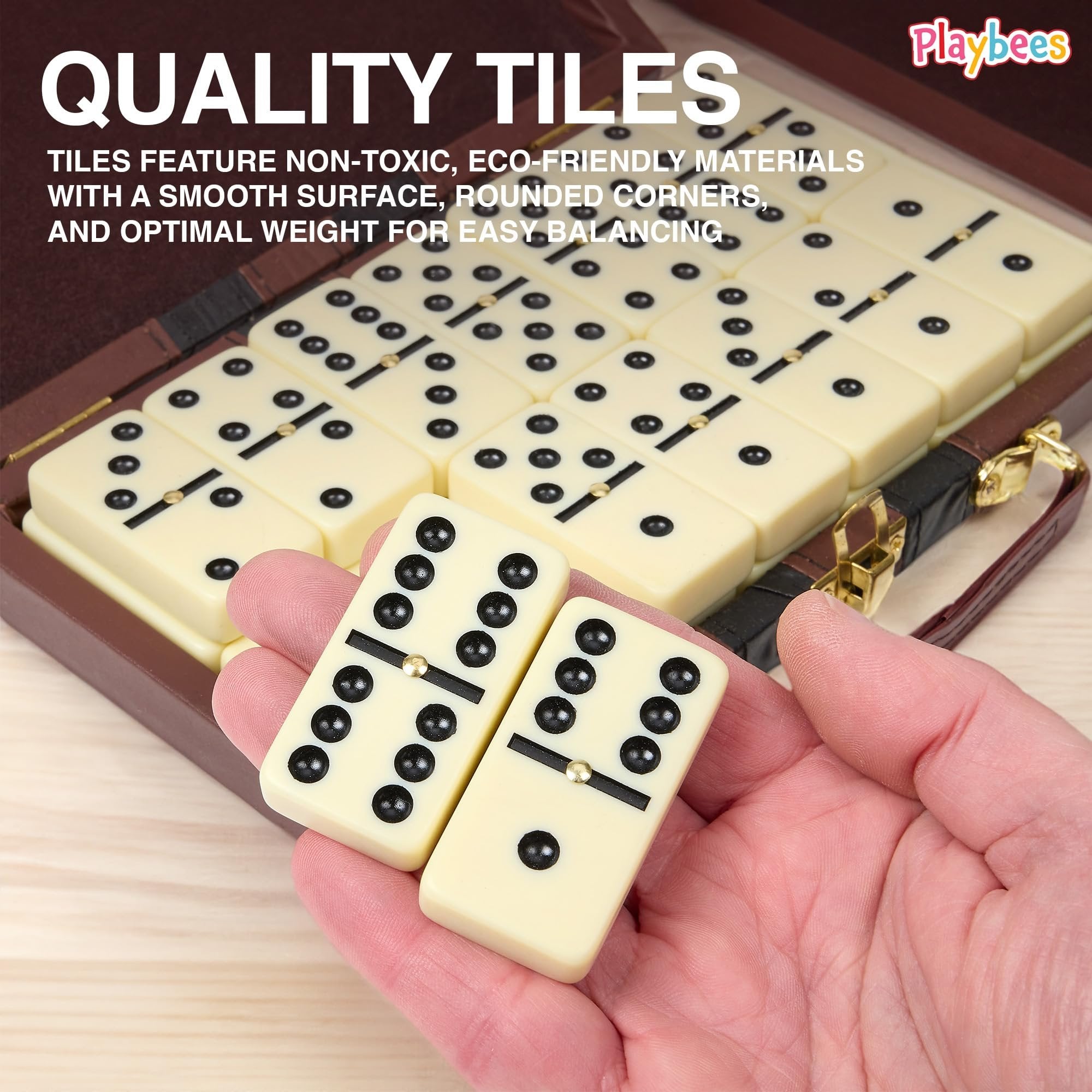 Playbees Jumbo Double Six Domino Set - 28 Thick White Tiles - Sophisticated Wooden Vegan Leather Box - Classic Family Game - Math Skills and Strategy - 2-4 Players