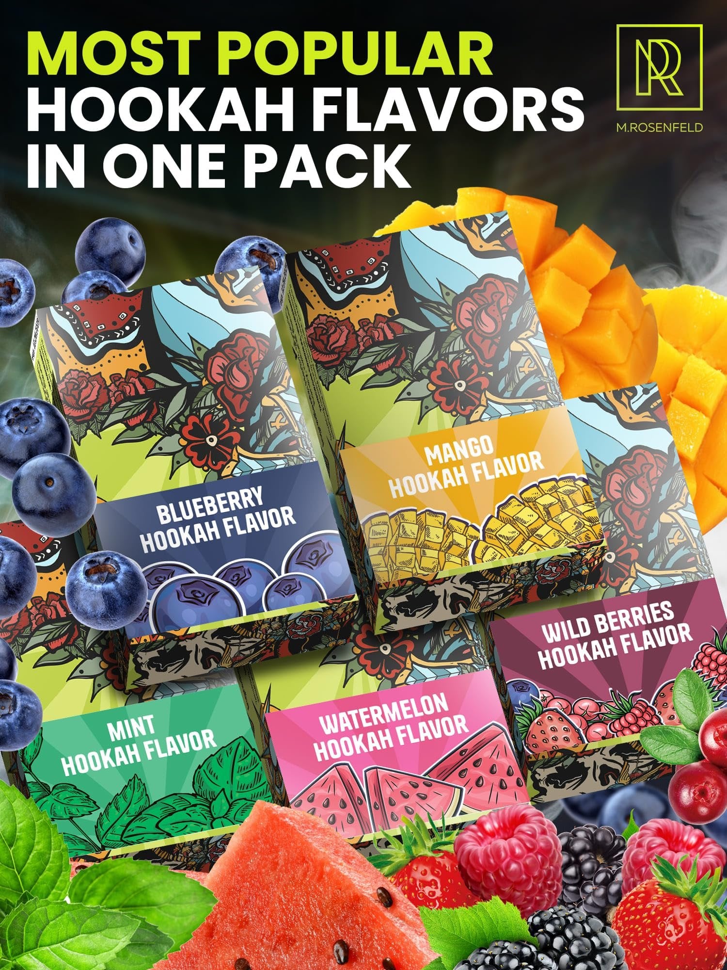 Classic Hookah Flavors Set - 5 x 50g Non Tobacco Hookah Flavor for your Hookah Bowl (Watermelon - Blueberry - Mango - Wildberry - Mint) Hookah Bundle Pack of 5 - Try these Tobacco Free Shisha