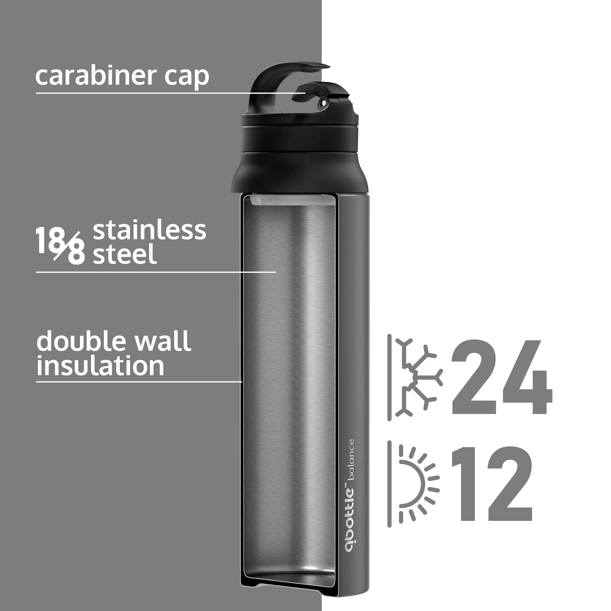 qbottle Insulated Water Bottles with Carabiner Lid - Stainless Steel Water Bottle - Leak Proof Metal Water Bottle - No Sweat - Wide Mouth - Steel Gray, 27 oz