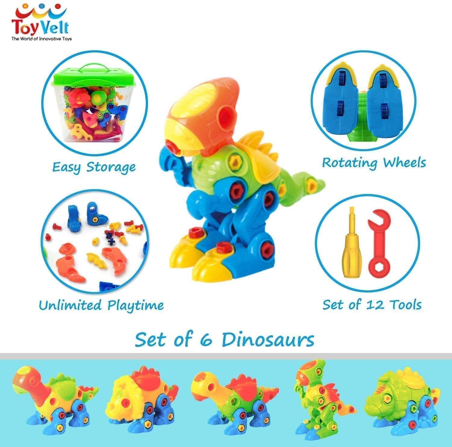 ToyVelt Take Apart Dinosaur Toys for Boys & Girls Age 3-12, 6 Dinosaur Toys with Rotating Wheels, 218 Piece STEM Construction Comes with a Storage Box, 12 Tools, Birthday Gifts Toys for 5 Year Old