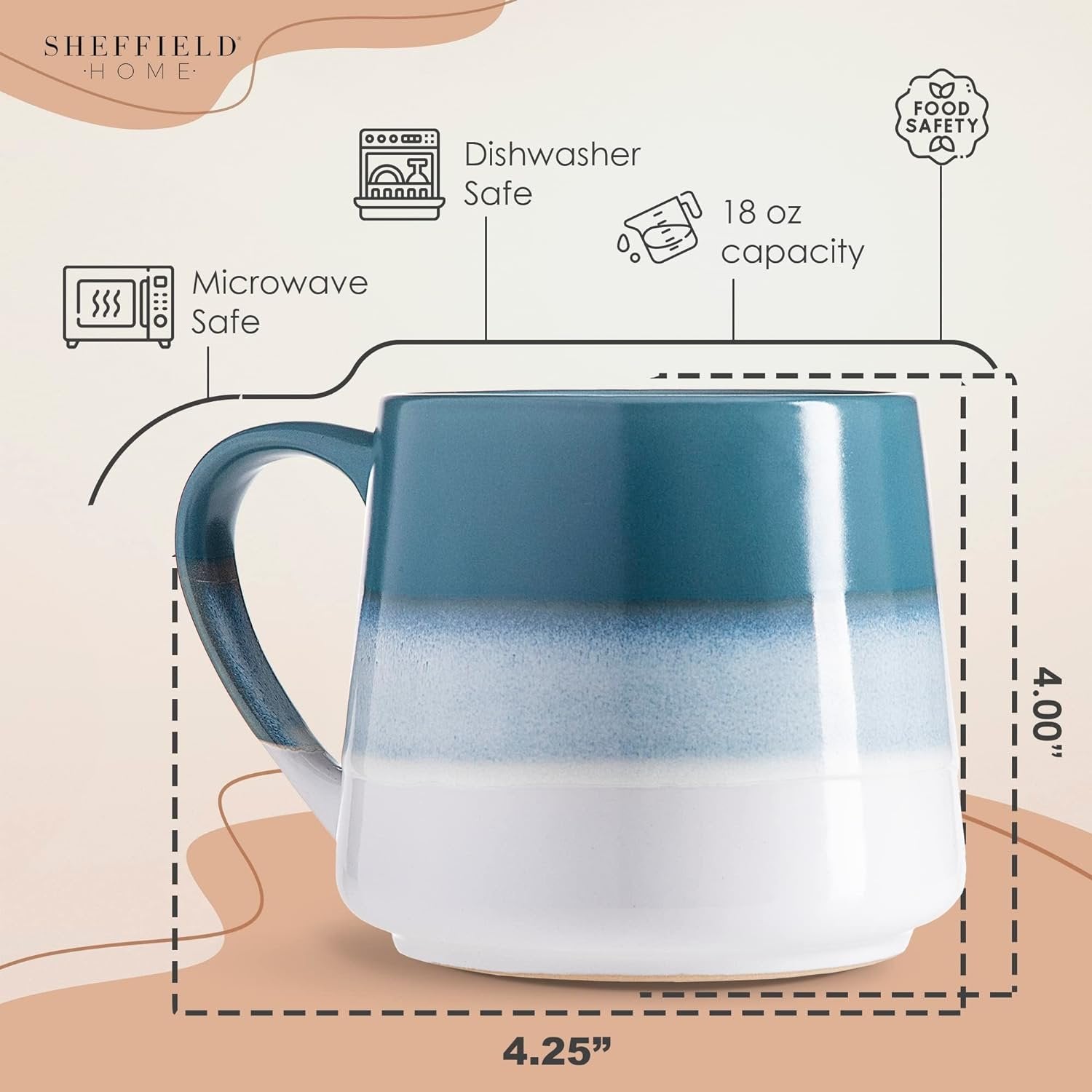 Heartland Hive Set of 4 Stoneware Coffee Mugs- Ombre Printed Bright & Colorful Coffee Cups, Mugs for Tea, Latte, and Hot Chocolate, 20 oz (Blue)