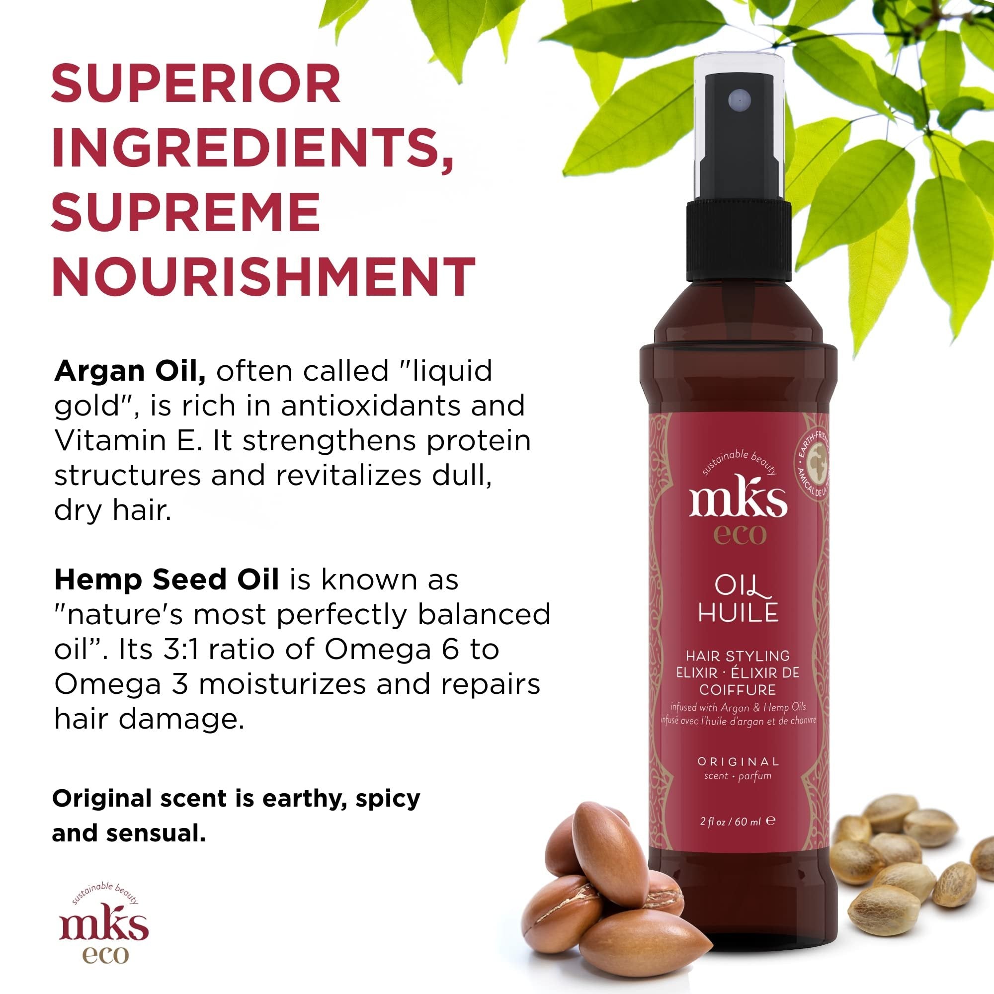 MKS eco Oil, Original - 2 fl oz - Hair Styling Elixir - Moroccan Argan Oil, Hemp Seed Oil - Moisturize & Nourish Hair, Control Frizz, Increase Smoothness - Vegan & Cruelty Free
