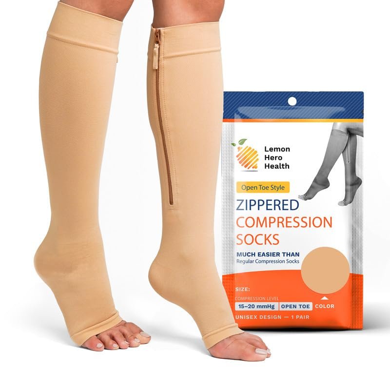 Short Zipper Compression Socks for Women and Men Open Toe 15-20 mmHg Medical Zippered with Zip Guard Skin Protection (4XL, Biege)