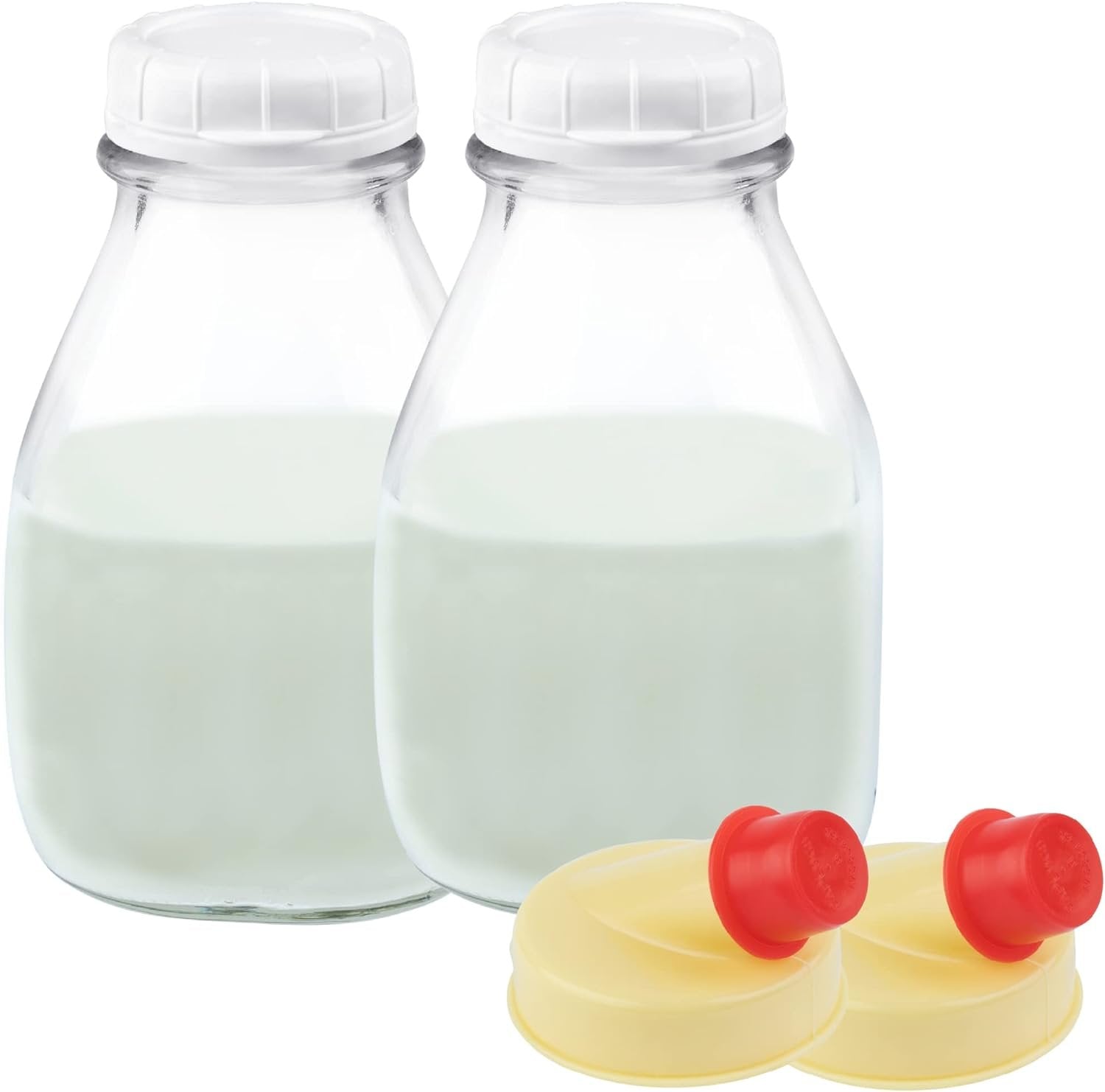 Kitchentoolz 16 Oz Glass Milk Bottle with Lid - 16 Ounce Short and Wide Glass Milk Container for Refrigerator with Tamper Proof Lid and Pour Spout - Pack of 2