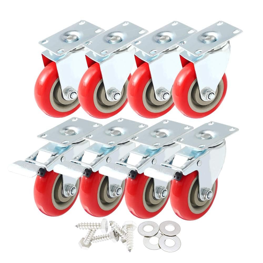 8 Pack 4" Caster Wheels Swivel 360 Degree 4 with Brake Swivel and 4 Swivel Plate Combo On Red Polyurethane Wheels with Hardware