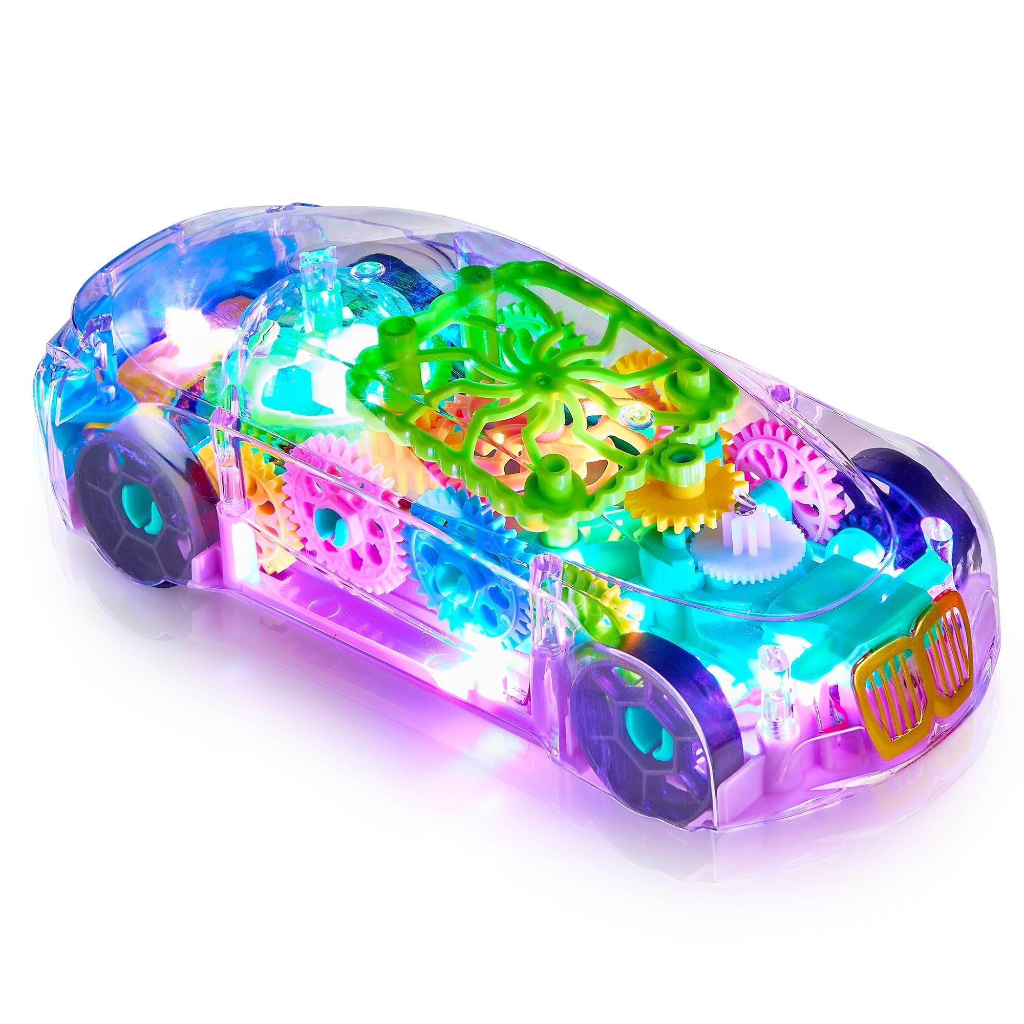 Playbees Light-Up Transparent Car Toy for Kids - 1 Pack - Bump and Go Colorful Moving Gears, Music, LED Effects - Fun Educational Toy - Great Birthday Gift Idea