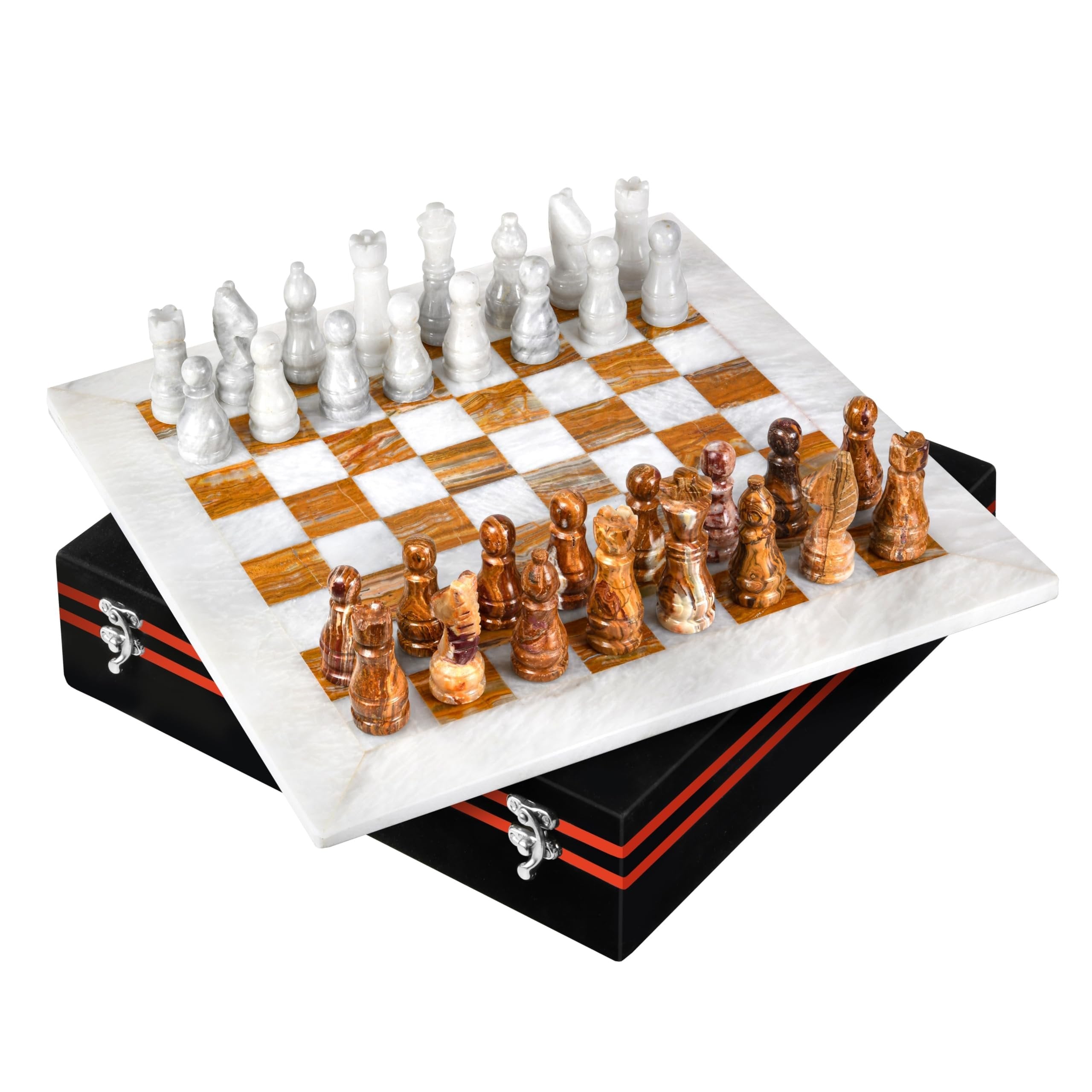 UMAID Handmade Marble Chess Set Board Game with Luxury Velvet Gift Box - 12” Elegant White & Brown Onyx Marble Chess Board, Unique Chess Sets for Adults and Marble Home Decor