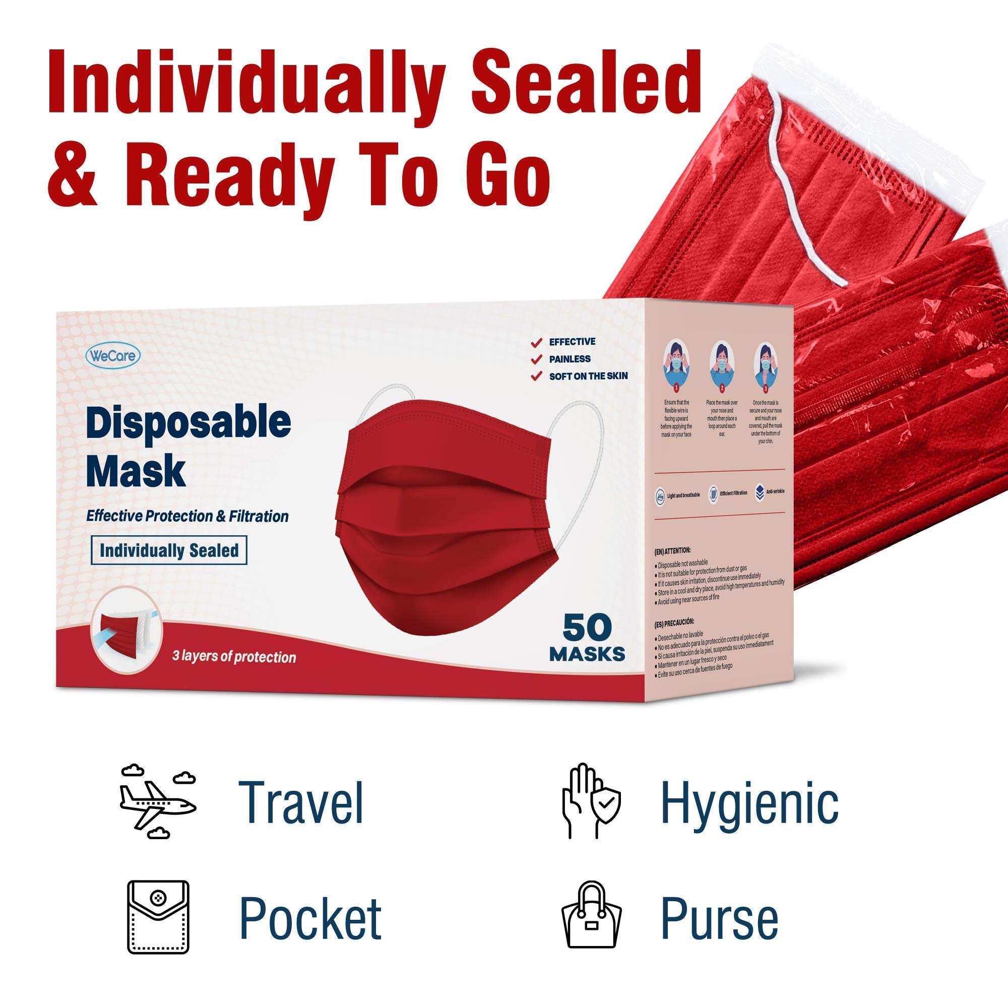 WECARE Box of 50, Individually-Wrapped Masks - Red