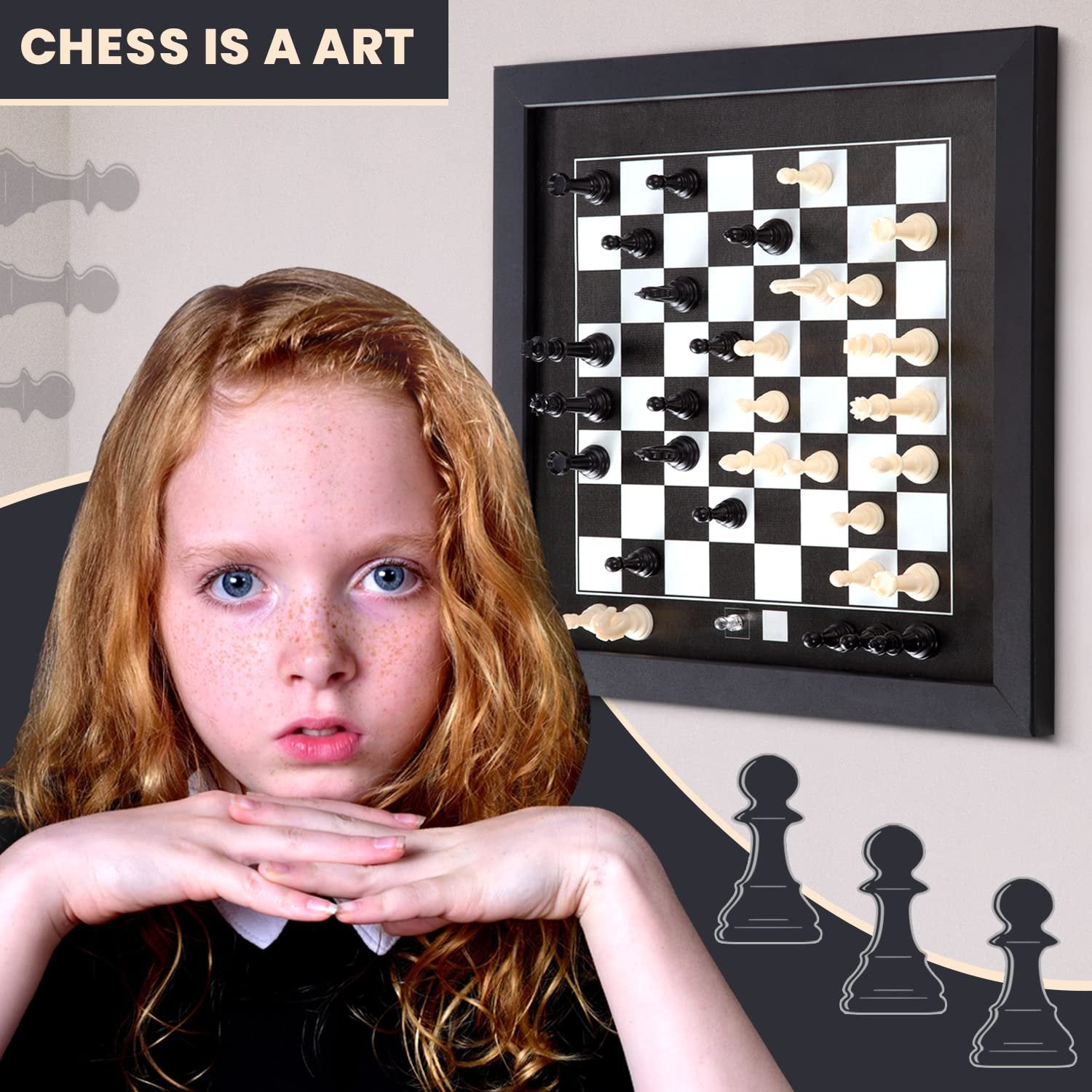 Bundaloo Hanging Magnetic Wall Chess Set - Wooden Board with Black & White Game Pieces - Chessboard Playing Art & Decor for Home and Office