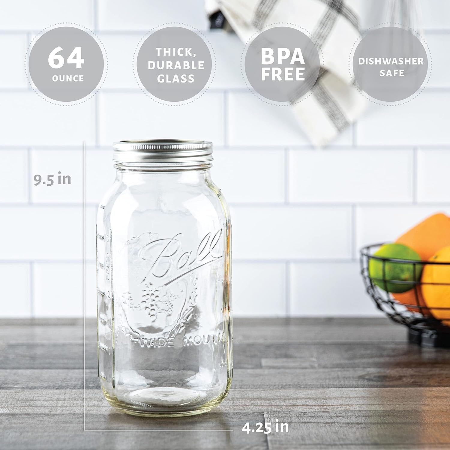 kitchentoolz 64 oz Wide Mouth Mason Jars Half Gallon Mason Jars with Airtight Lids and Bands for Canning, Fermenting & Pickling - Made in USA Pack of 2