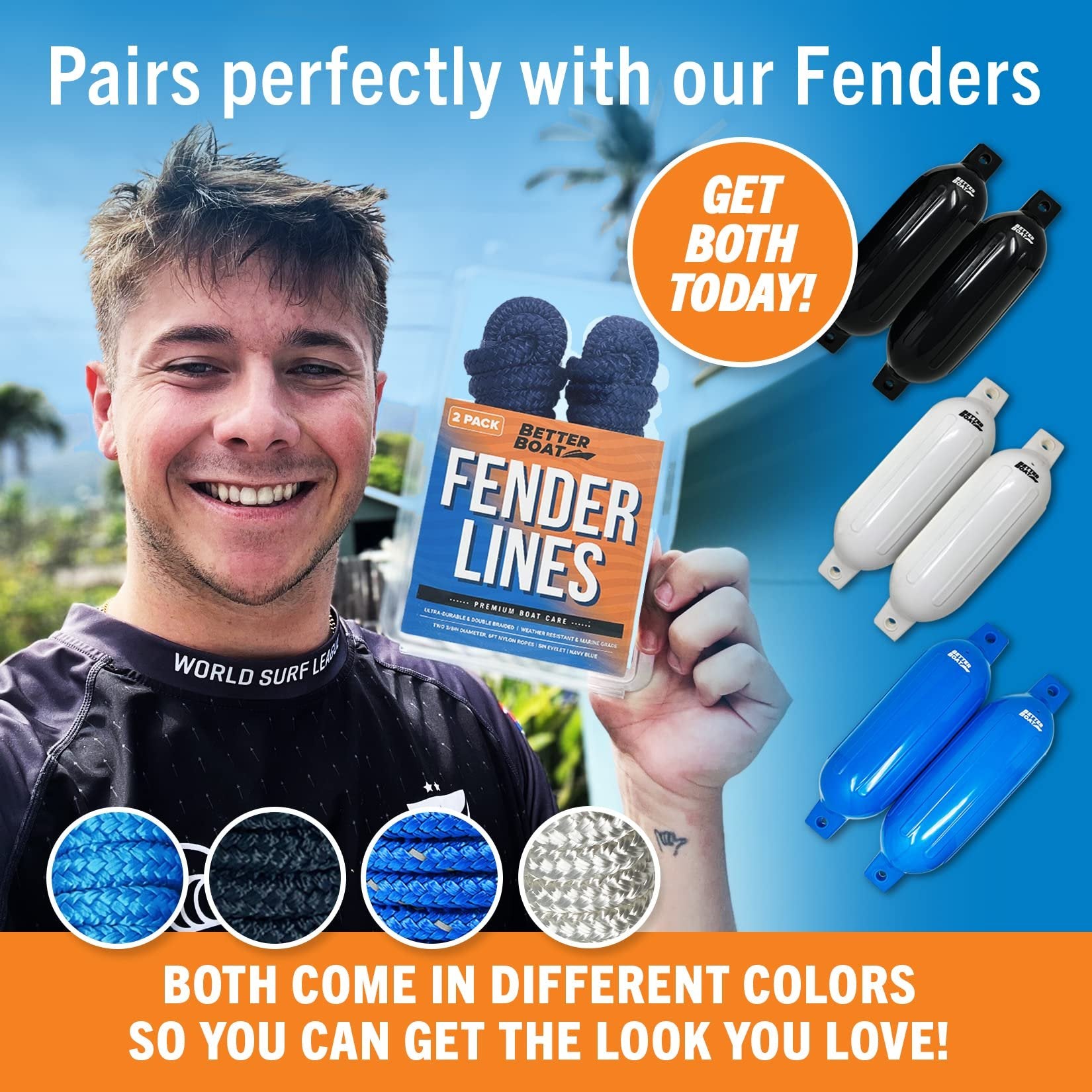 Boat Fender Lines for Boat Bumper Fender Boat Lines Hangers Bag Buoy Marine Rope for Boats or Dock Line Jet Ski Mooring or Small Boating Docking Double Braided Nylon 6 Feet 3/8 inch with Loop 2 Pack
