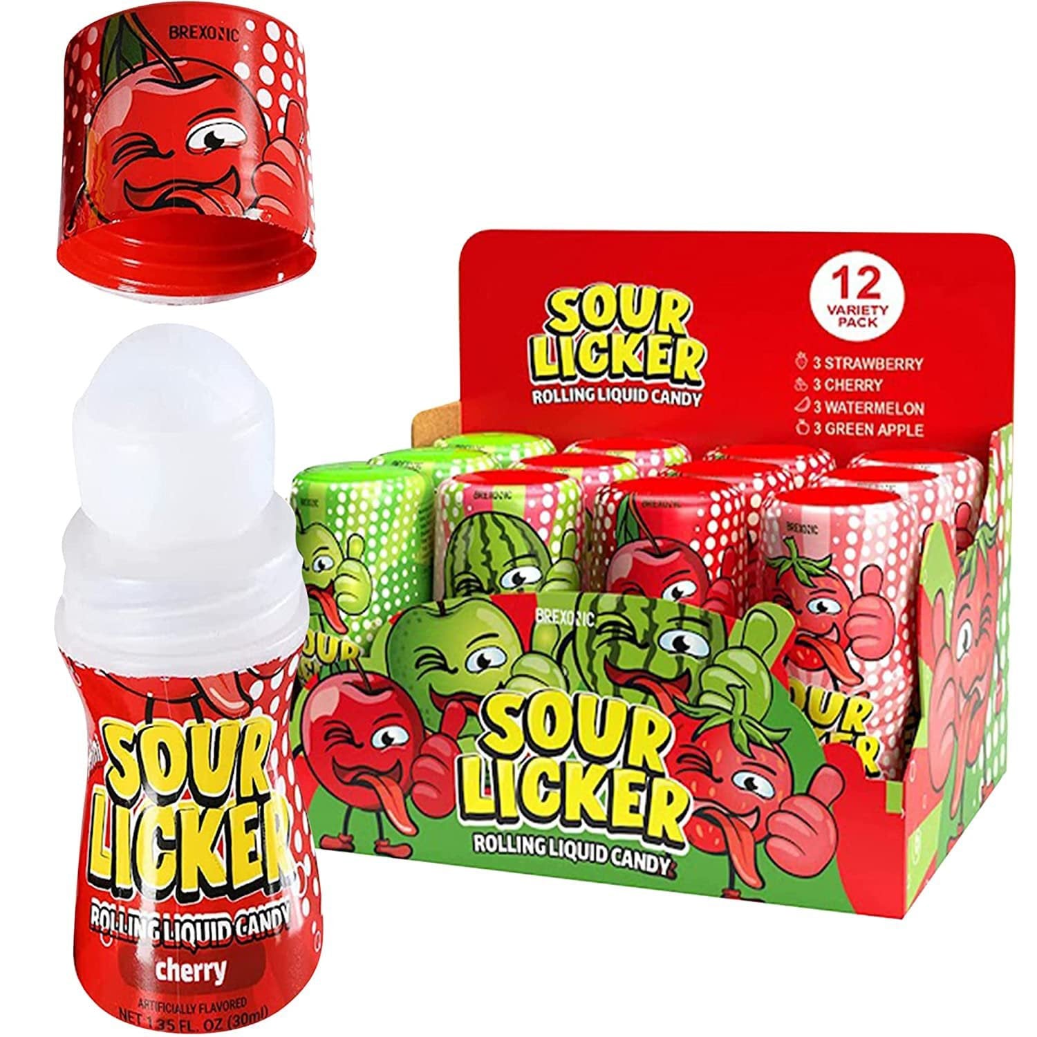 Slime Sour Lickers Candy, Gluten Free, 12 Pk Of 4 Flavors, Watermelon, Green Apple, Cherry and Strawberry Rolling Liquid Candy Bulk, Treat for Parties, Birthdays, or Halloween Treat (12)