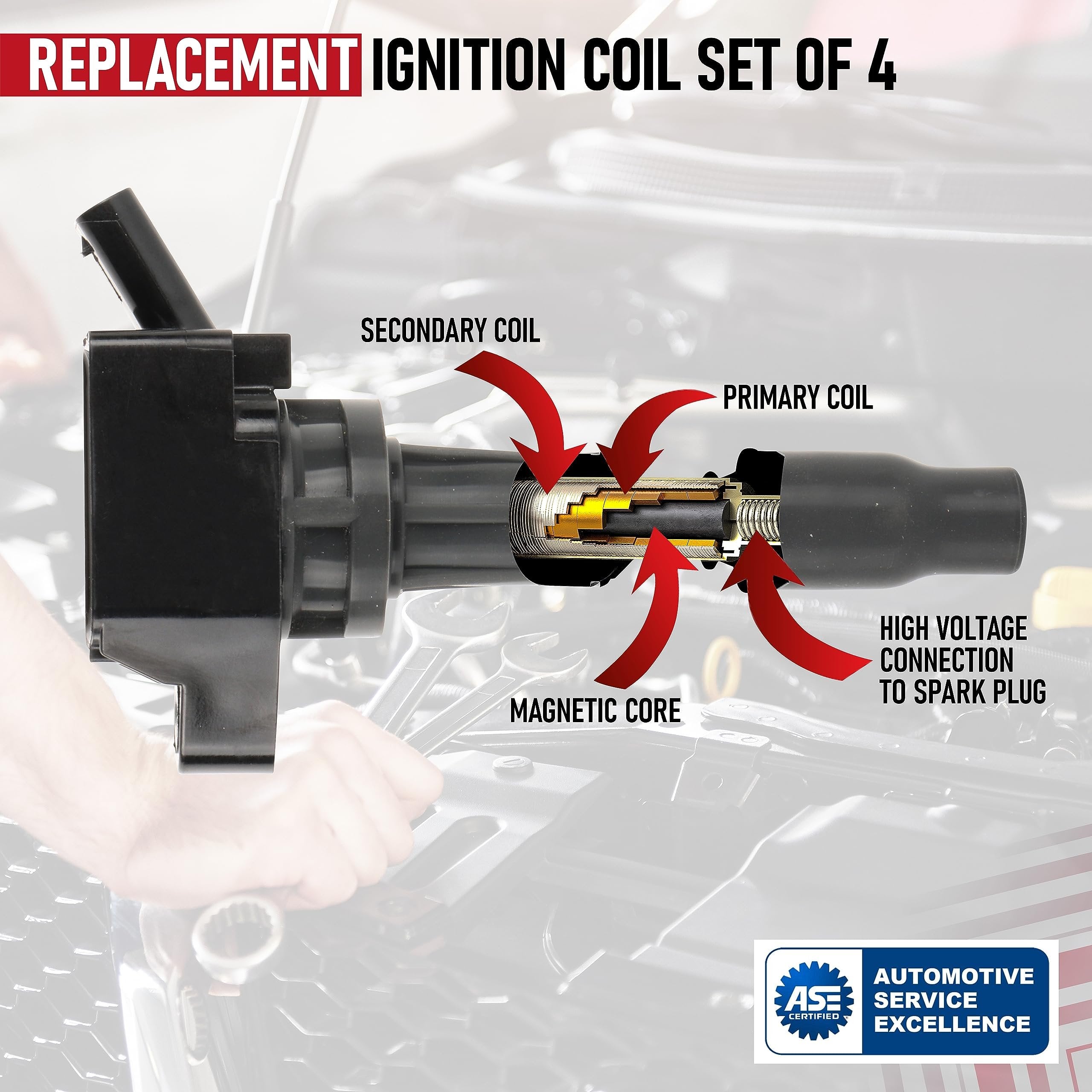 Ignition Coil Pack Set of 4 - Compatible with Hyundai, Kia, Genesis 2.0L, 2.4L, V8 5.0L - Santa Fe, Sonata, Tucson, Veloster, Optima, Sorento, Sportage, G70, G80 - Replaces 273002GGA0, UF764, GN10730