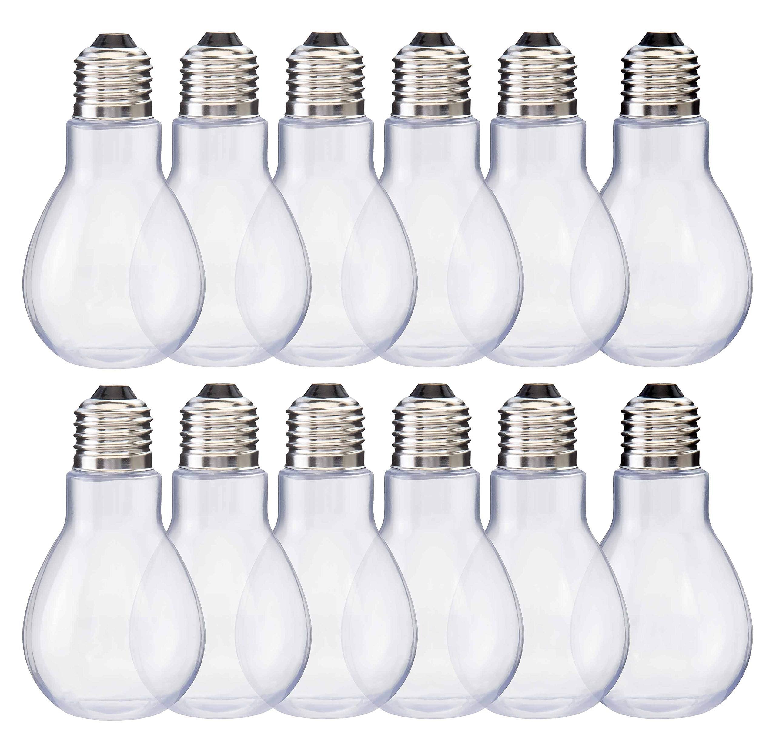 Home Collectives Fillable Light Bulb Containers, 12 Pack - Clear Plastic Candy Jars, Party Favors, Decorative Centerpieces, Arts and Crafts Supplies - Twist Off Cap, Freestanding Bottom, 4” Tall