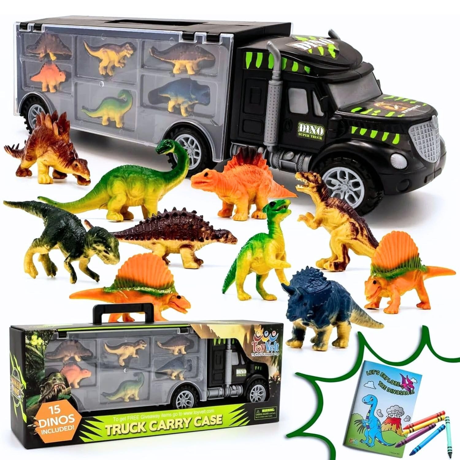 Dinosaur Toys for Kids 3-7. Dino Truck Carrier with 15 Figures + Bonus Book