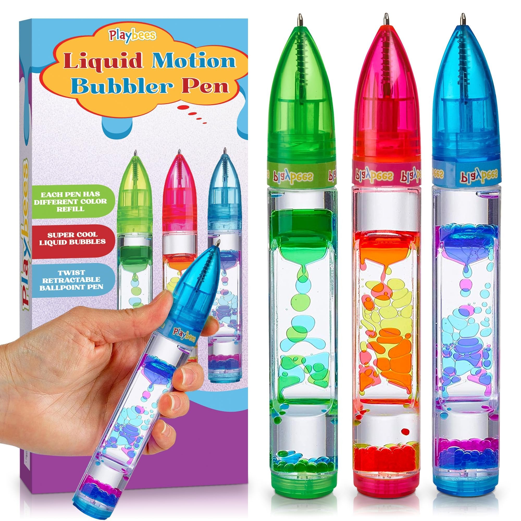 Liquid Motion Bubbler Pens Sensory Toy (3 Pack) - Writes Like a Regular Pen - Colorful Liquid Timer Pens Great for Stress and Anxiety Relief - Cool Fidget Toys for Kids and Adults