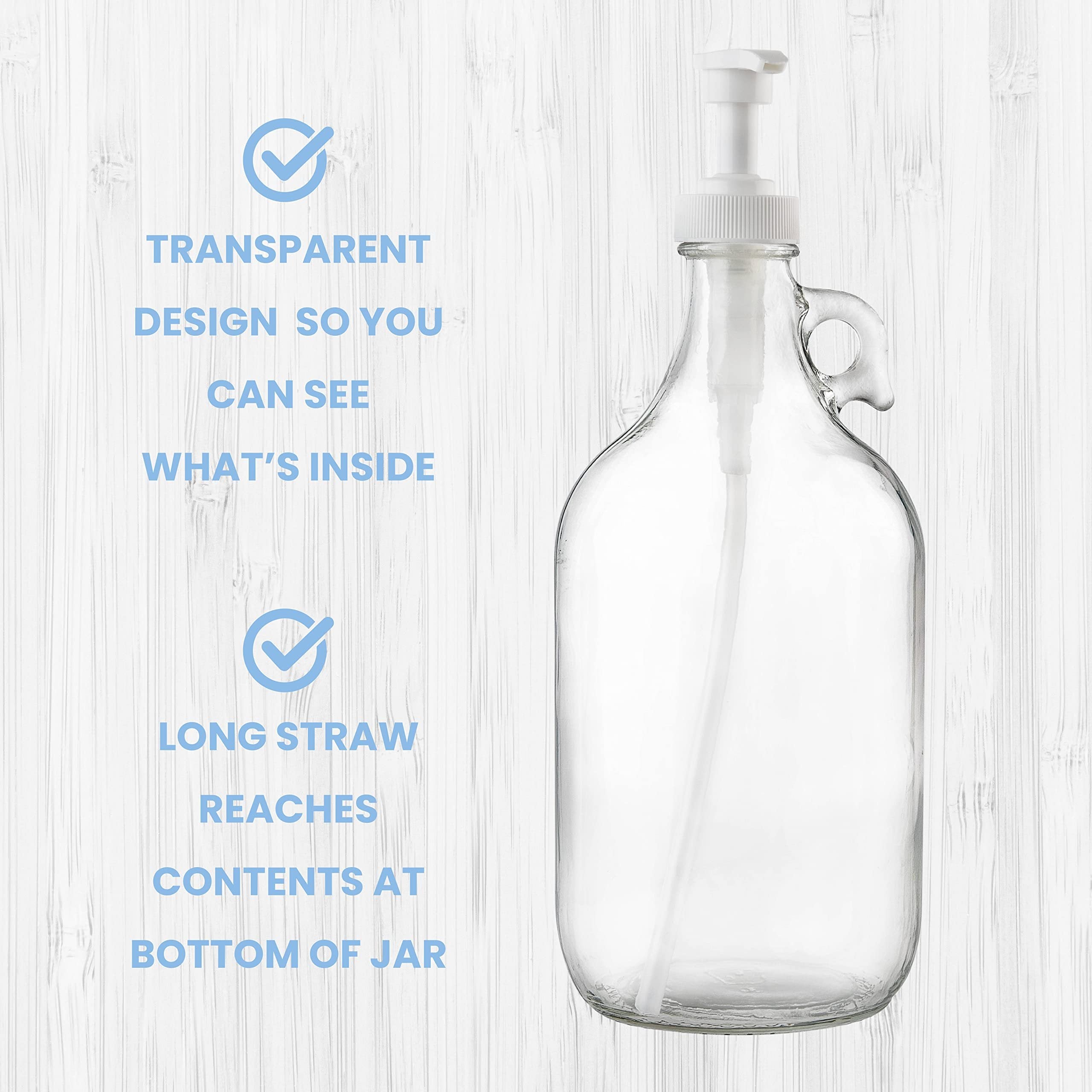 Half Gallon Glass Pump Dispenser Bottle, Large Jug with Pump for Laundry Soap Dispenser, Liquid Detergent, Fabric Softener, Syrup Pump - 64 oz Capacity - by Kitchentoolz