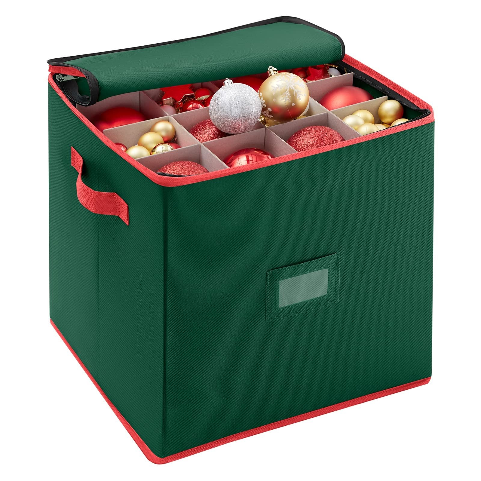 Lifewit Christmas Ornament Storage Container with Dual Zipper Closure - Box Contributes Slots for 64 Holiday Ornaments 3-Inch, Xmas Decorations Accessories, Made of Nonwoven Material, Green