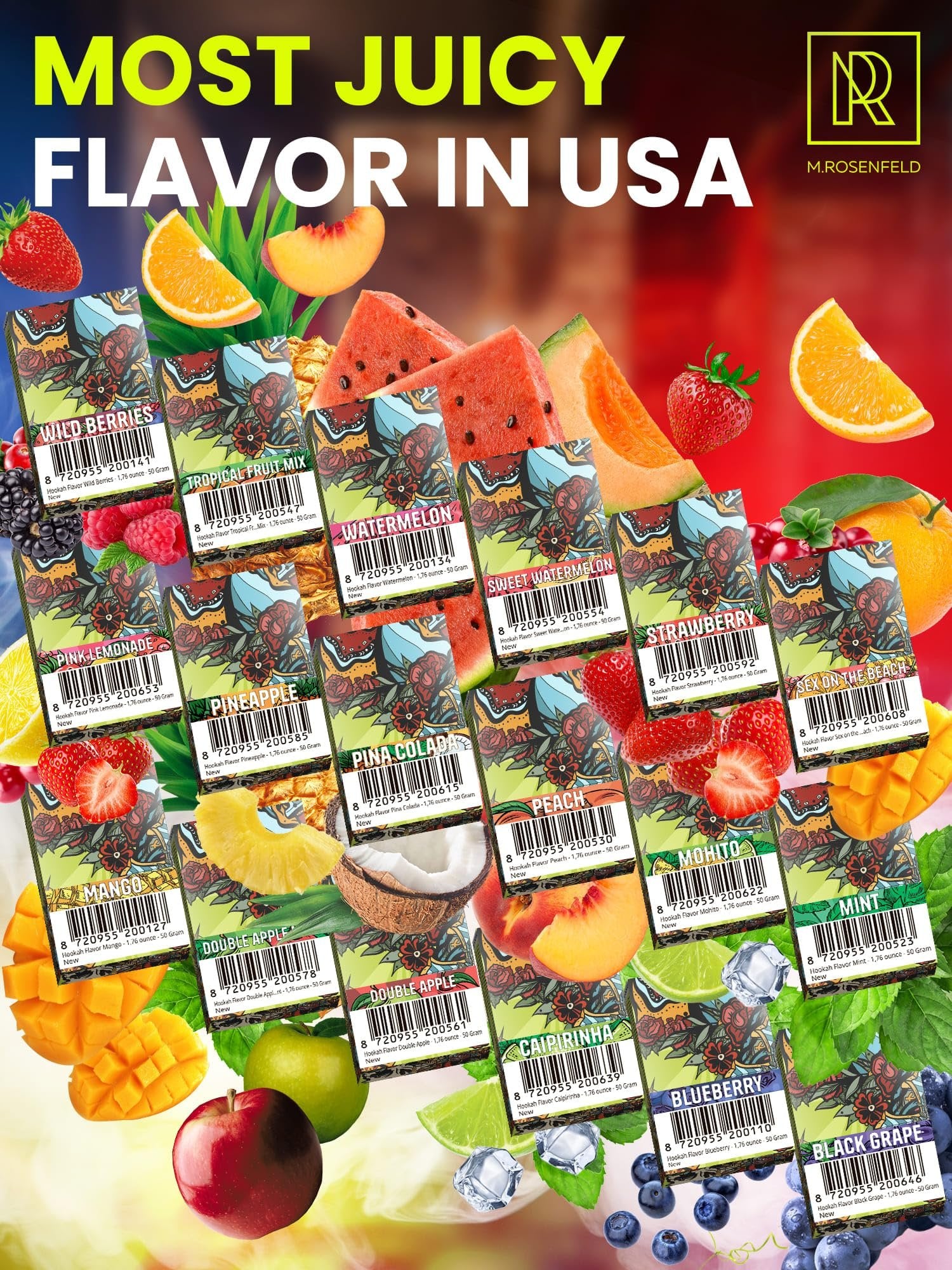 Classic Hookah Flavors Set - 5 x 50g Non Tobacco Hookah Flavor for your Hookah Bowl (Watermelon - Blueberry - Mango - Wildberry - Mint) Hookah Bundle Pack of 5 - Try these Tobacco Free Shisha