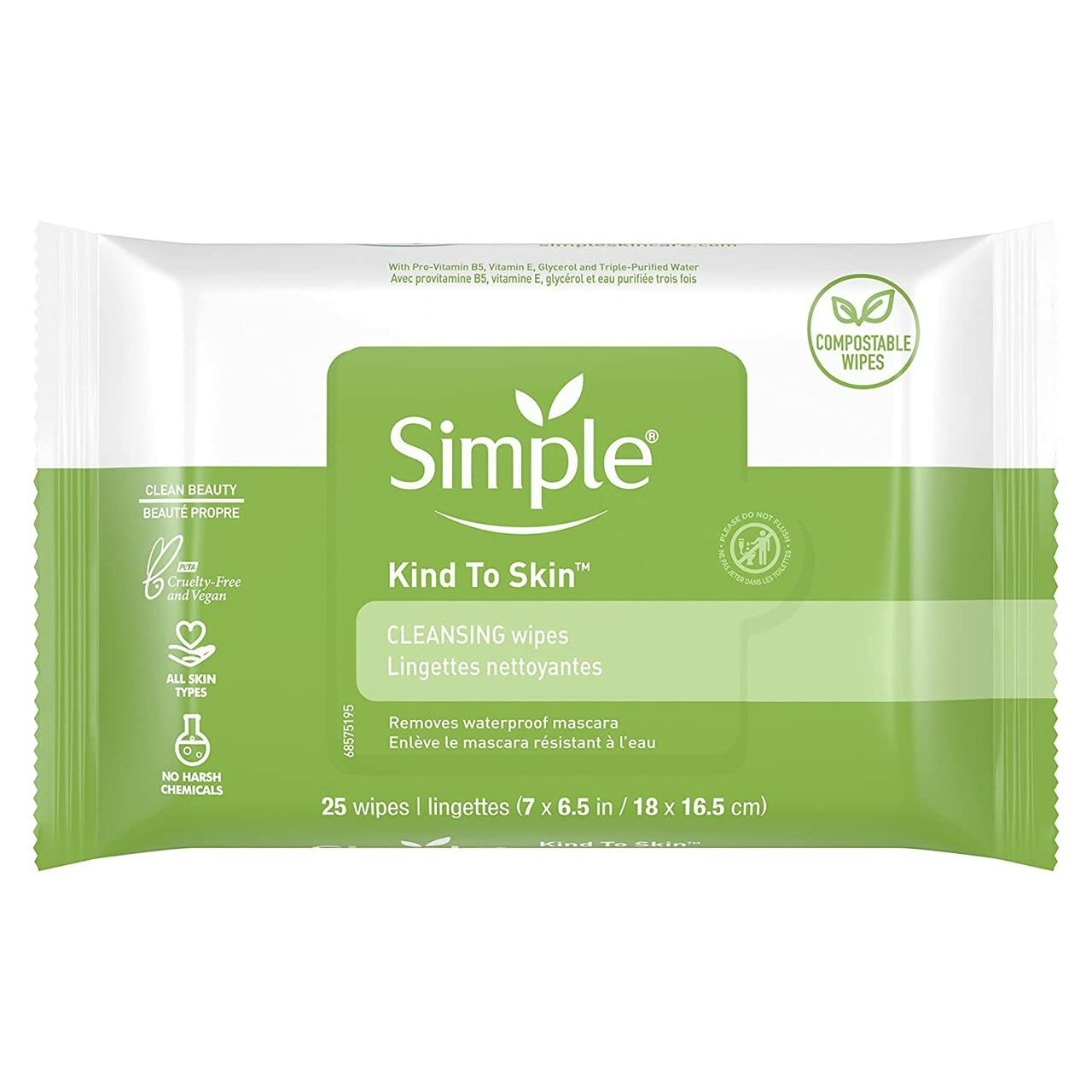 Simple Sensitive Skin Experts Kind To Skin Cleansing Facial Wipes, Waterproof Mascara Remover, Even Softer, 25 Count, (4 Pack)