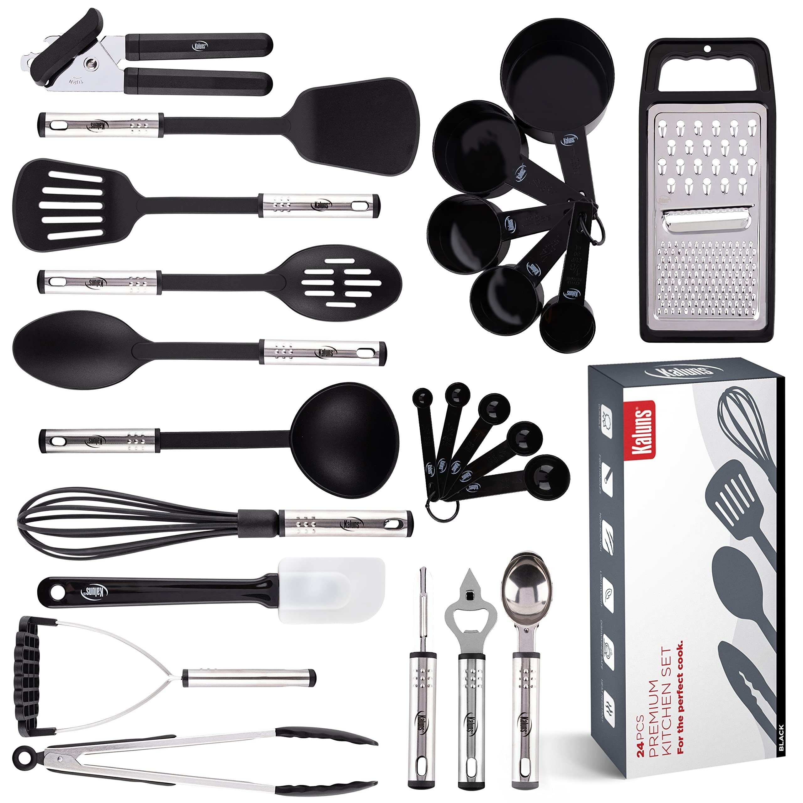 Kaluns 24 Pc Kitchen Utensil Set Nonstick Heat Resistant Nylon & Stainless Steel - Black, 12.9 x 6 x 5.9 in