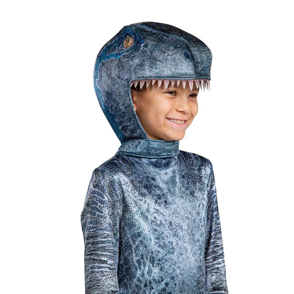 Jurassic World Blue Velociraptor Costume for Kids, Dinosaur Outfit with Headpiece and Detachable Tail, Kids Size Medium (7-8)