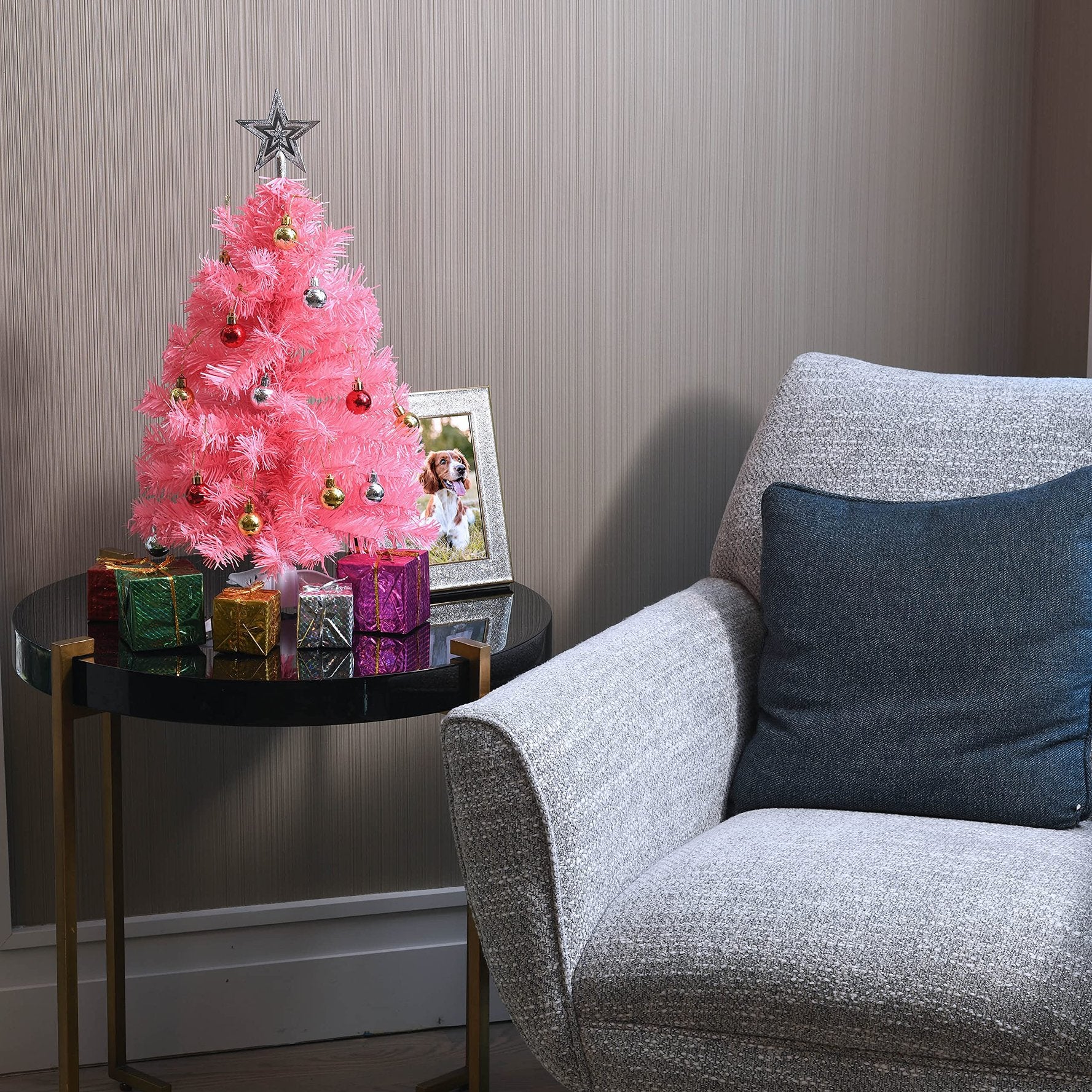 Prextex 23” Mini Pink Christmas Tree with Lights Ornaments & Presents - Small Pink Christmas Tree with Lights Pink Mini Christmas Tree - Warm White LED Lights, Pink…