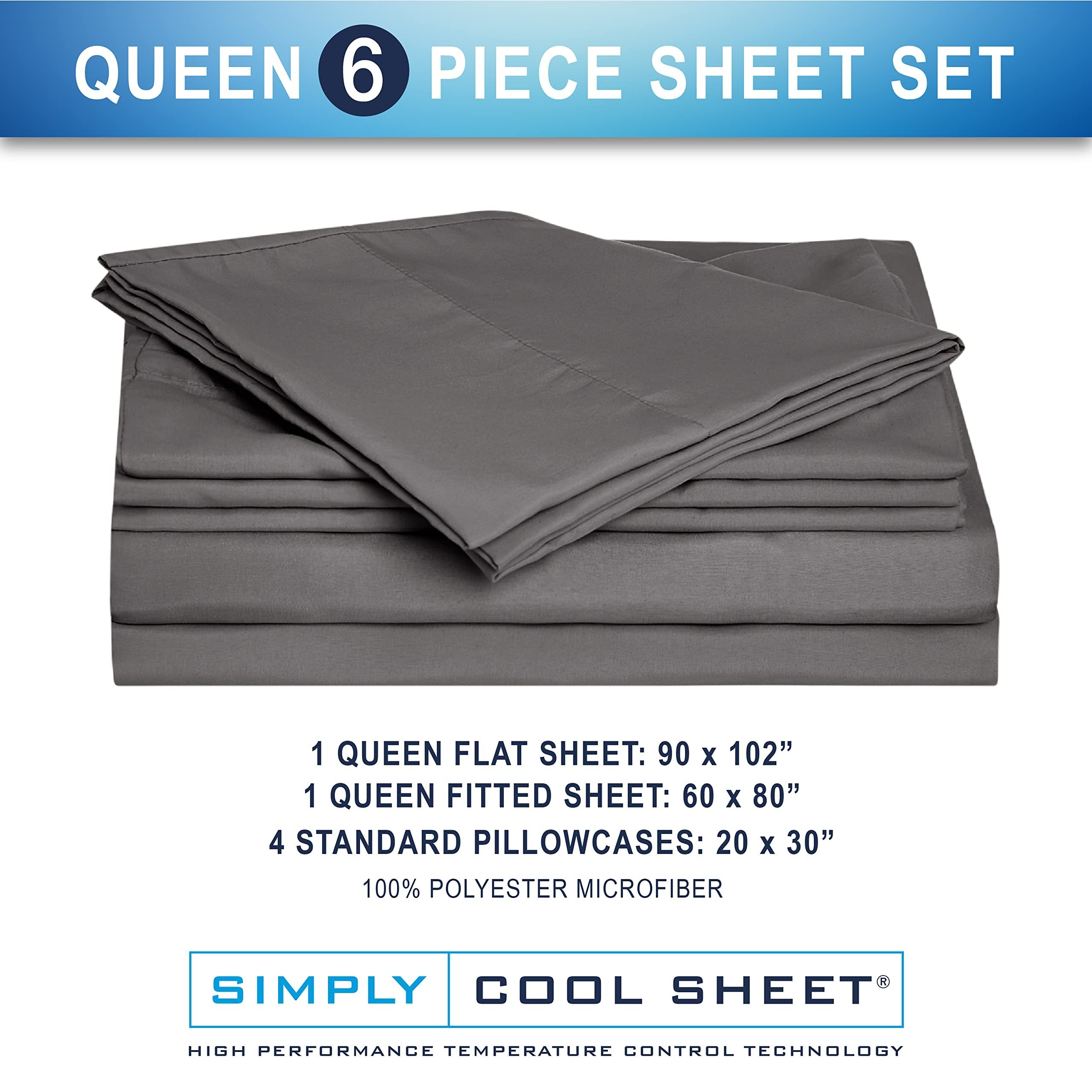 Simply Cool Sheets 6 Piece Sheet Set - Durable Lightweight Super Soft Easy Care Microfiber Bed Sheet Set with 17-Inch Deep Pockets-Queen, Dark Grey