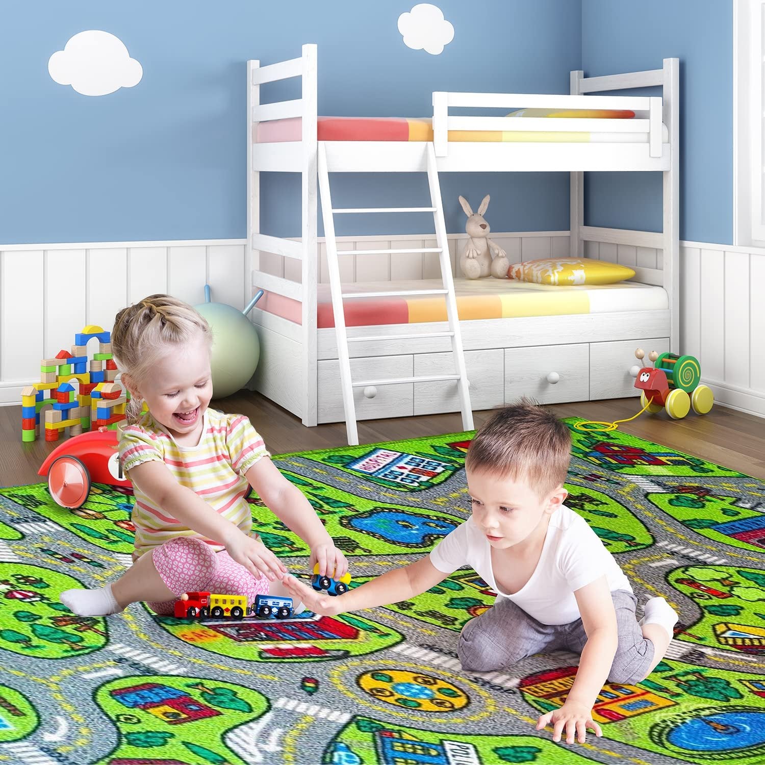Large Kids Carpet Playmat Car Rug - City Life Road Traffic Multi Color Play Mat, Best for Playroom & Bedroom 60” X 32” Ages 3-12 - Free Shipping